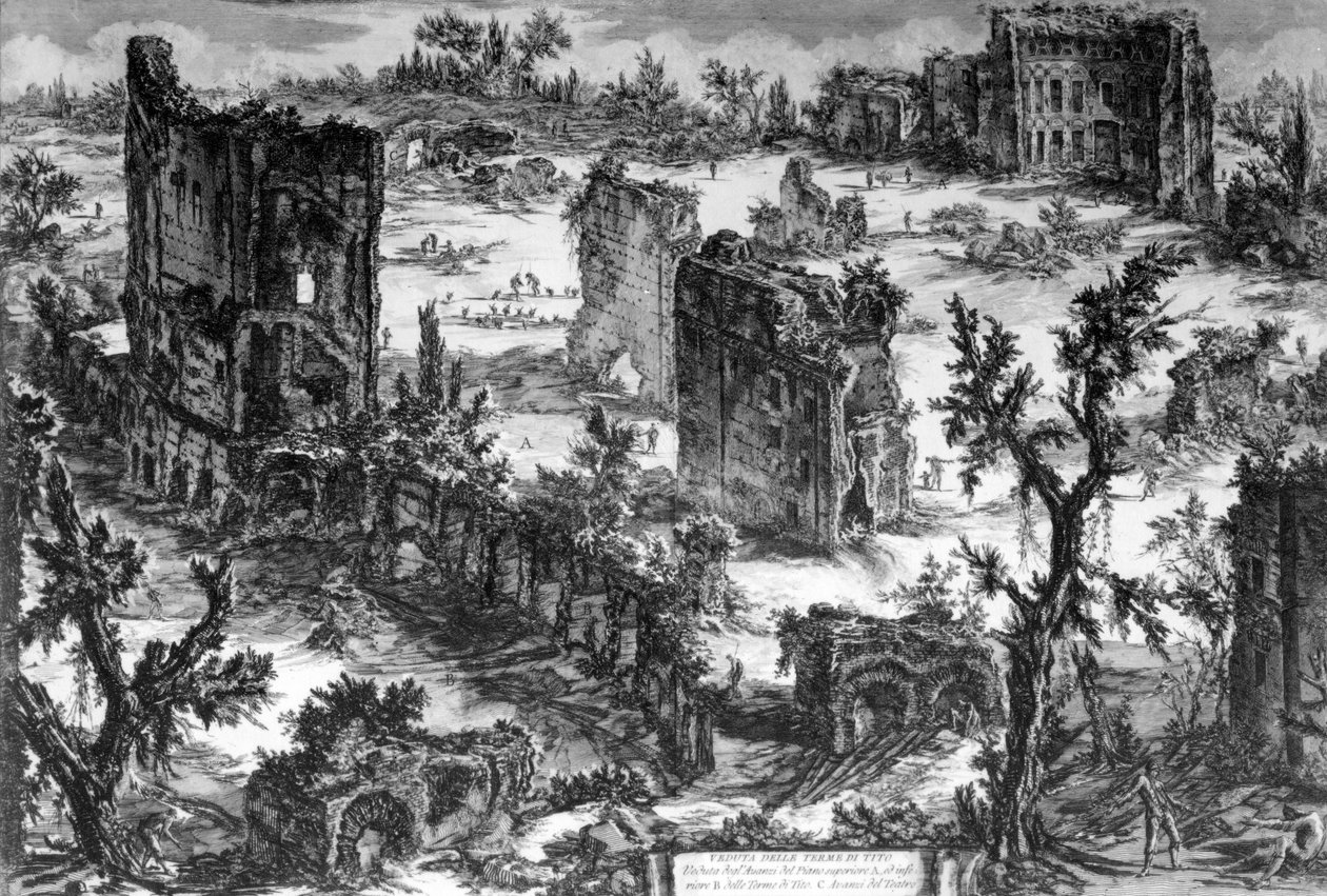 「ローマの景色」シリーズ、1760年頃のトラヤヌス浴場の眺め 作： ジョバンニ・バッティスタ・ピラネージ