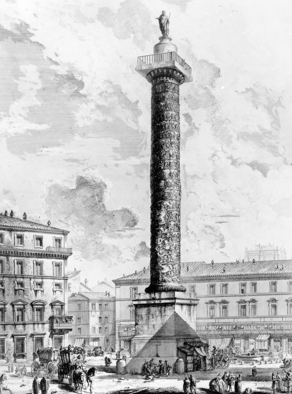「ローマの景色」シリーズ、1760年頃のコロンナ広場のマルクスアウレリウスの柱の眺め 作： ジョバンニ・バッティスタ・ピラネージ