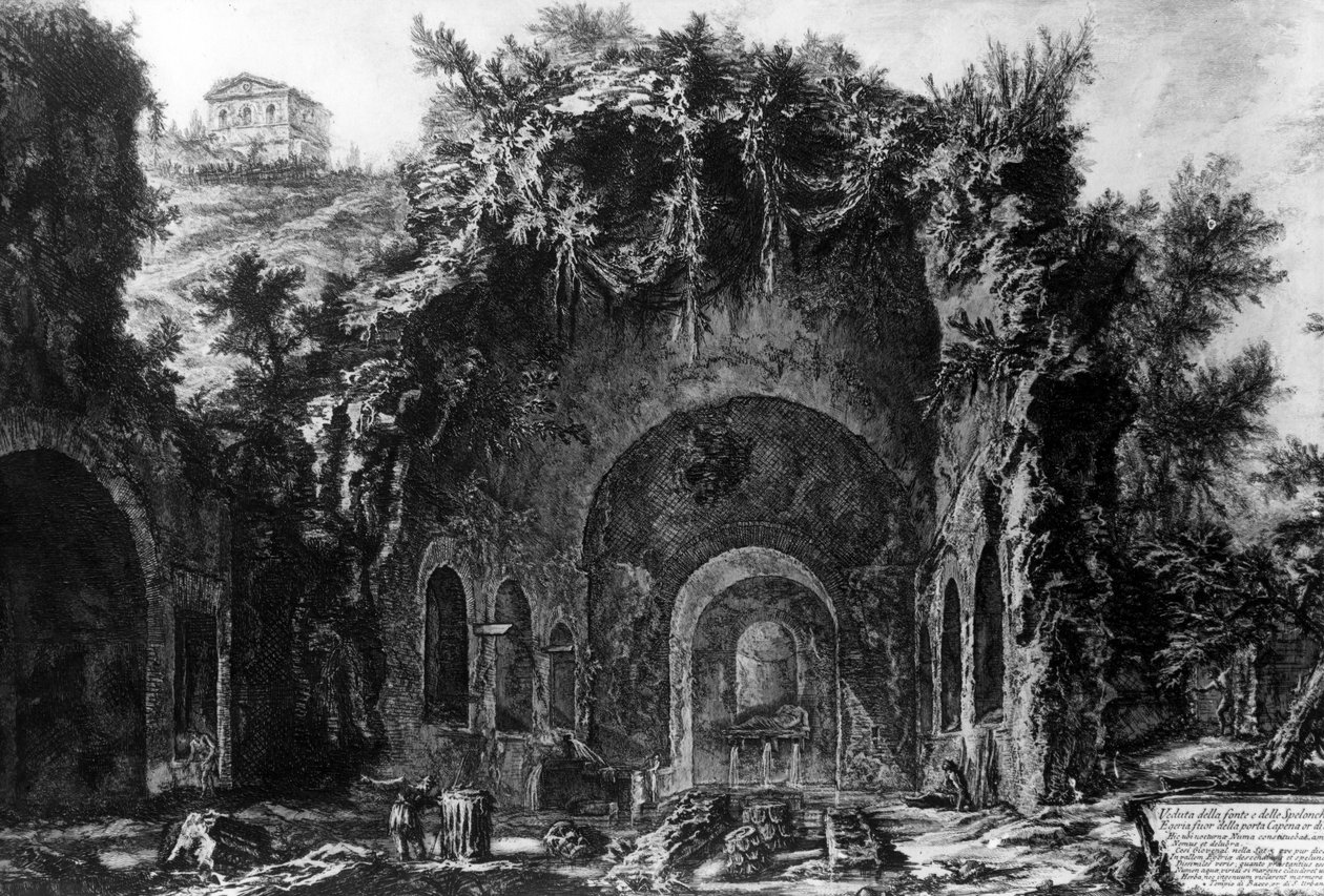 「ローマの景色」シリーズ、1760年頃のポルタカペーナの外にあるエジェリアの洞窟の眺め 作： ジョバンニ・バッティスタ・ピラネージ
