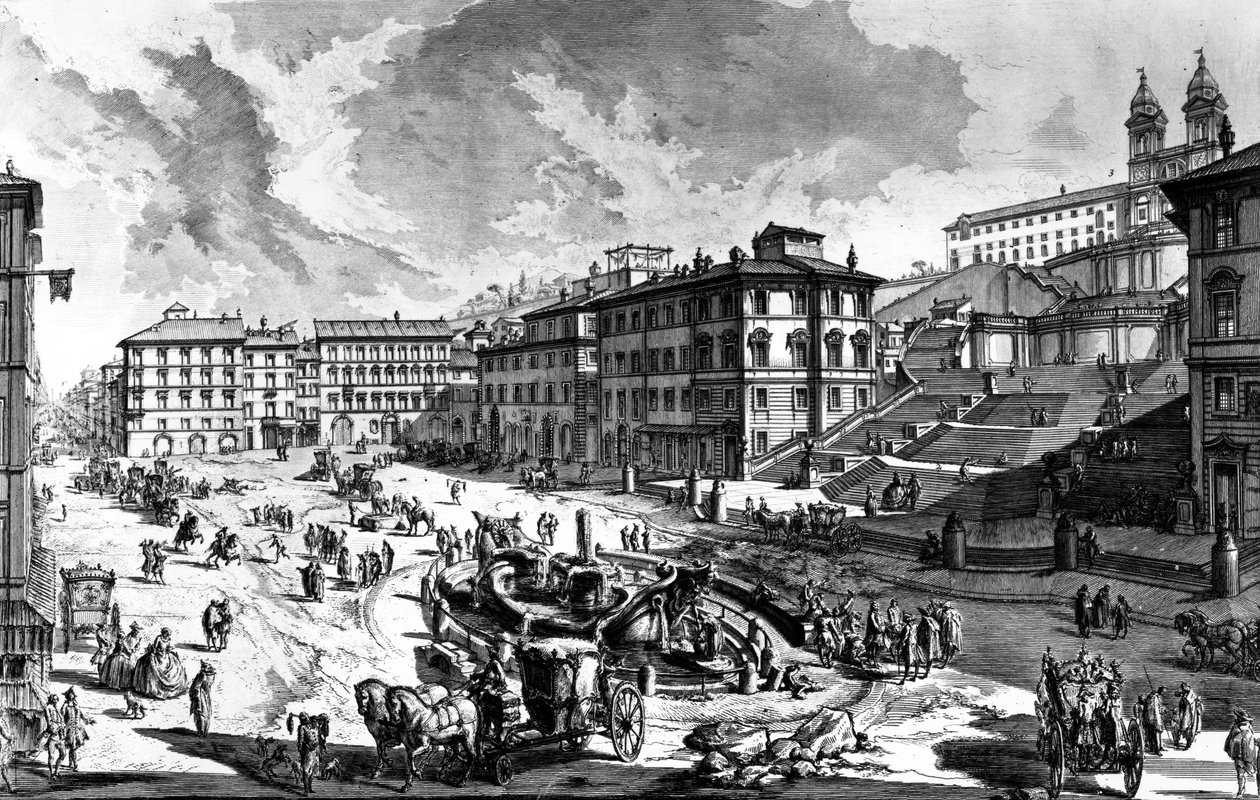 「ローマの景色」シリーズ、1760年頃のスペイン広場の眺め 作： ジョバンニ・バッティスタ・ピラネージ