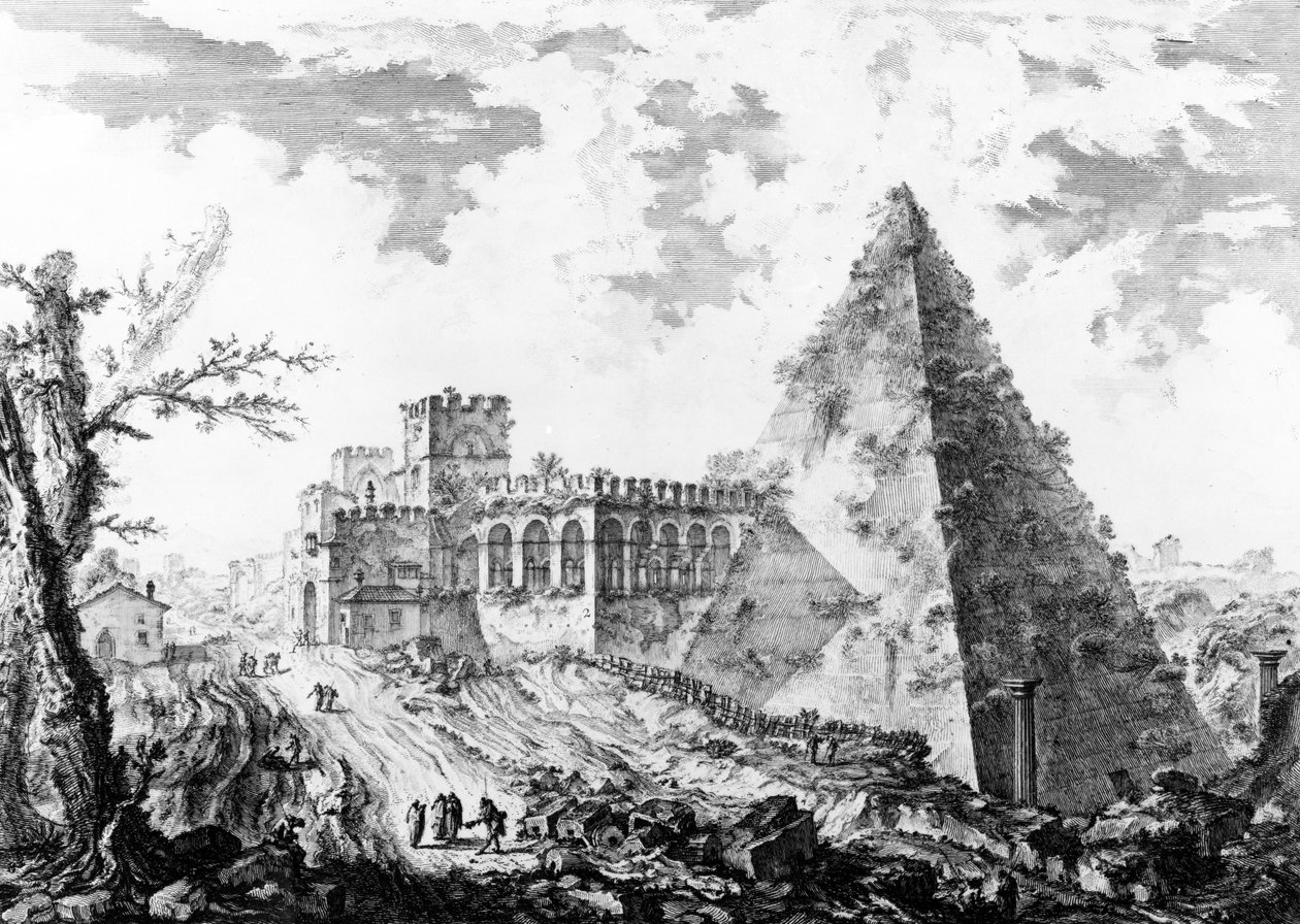 「ローマの景色」シリーズ、1760年頃のカイウスケスティウスのピラミッドの眺め 作： ジョバンニ・バッティスタ・ピラネージ