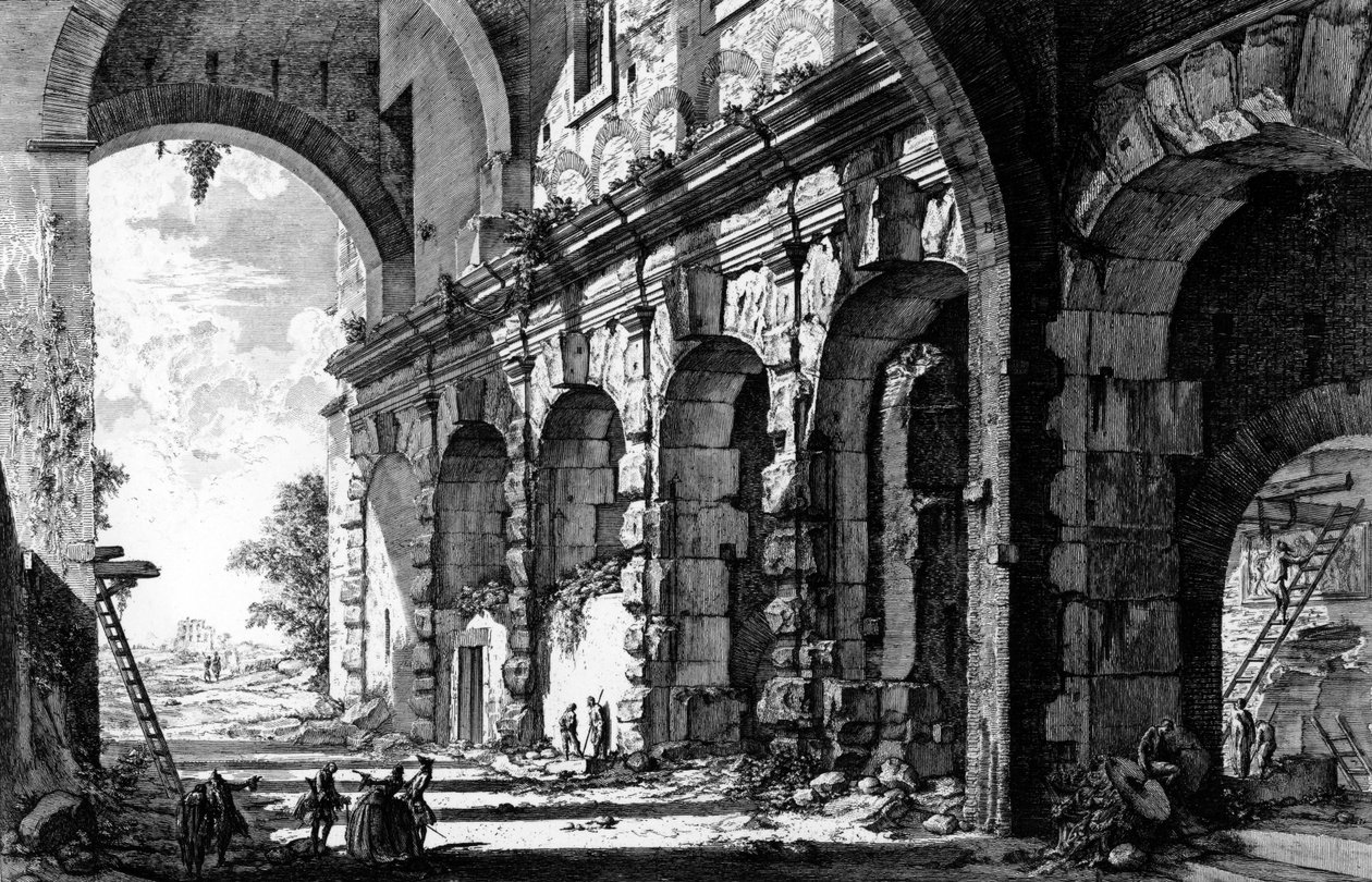 1760年頃の「ローマの景色」シリーズからのサンティジョヴァンニエパオロ教会近くのクラウディウス神殿の遺跡の眺め 作： ジョバンニ・バッティスタ・ピラネージ