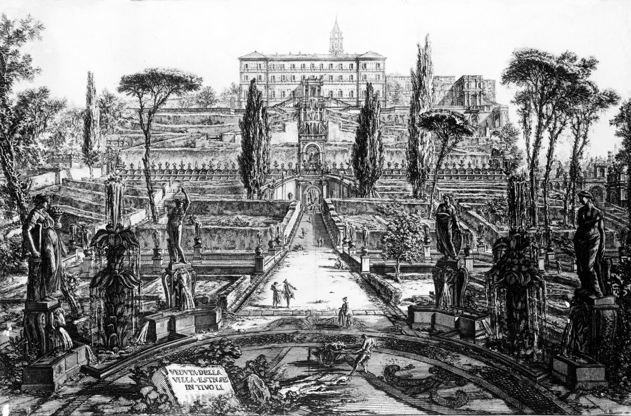 「ローマの景色」シリーズ、1760年頃のチボリのヴィラデステの眺め 作： ジョバンニ・バッティスタ・ピラネージ