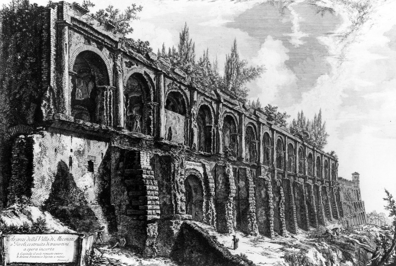 「ローマの景色」シリーズ、1760年頃のチボリのマエセナスの別荘の眺め 作： ジョバンニ・バッティスタ・ピラネージ