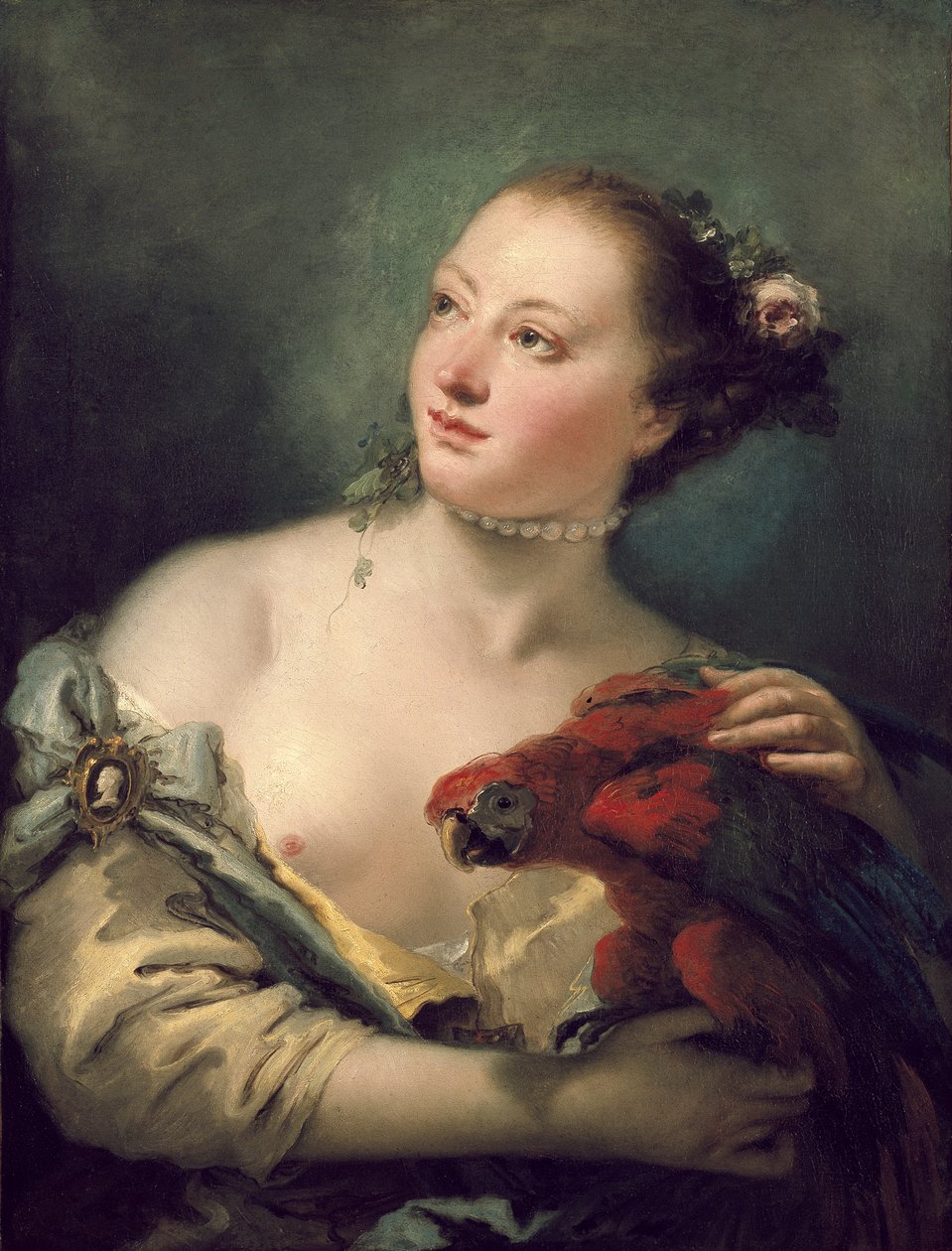 18世紀のコンゴウインコを持つ若い女性 作： ジョバンニ・バティスタ・ティエポロ