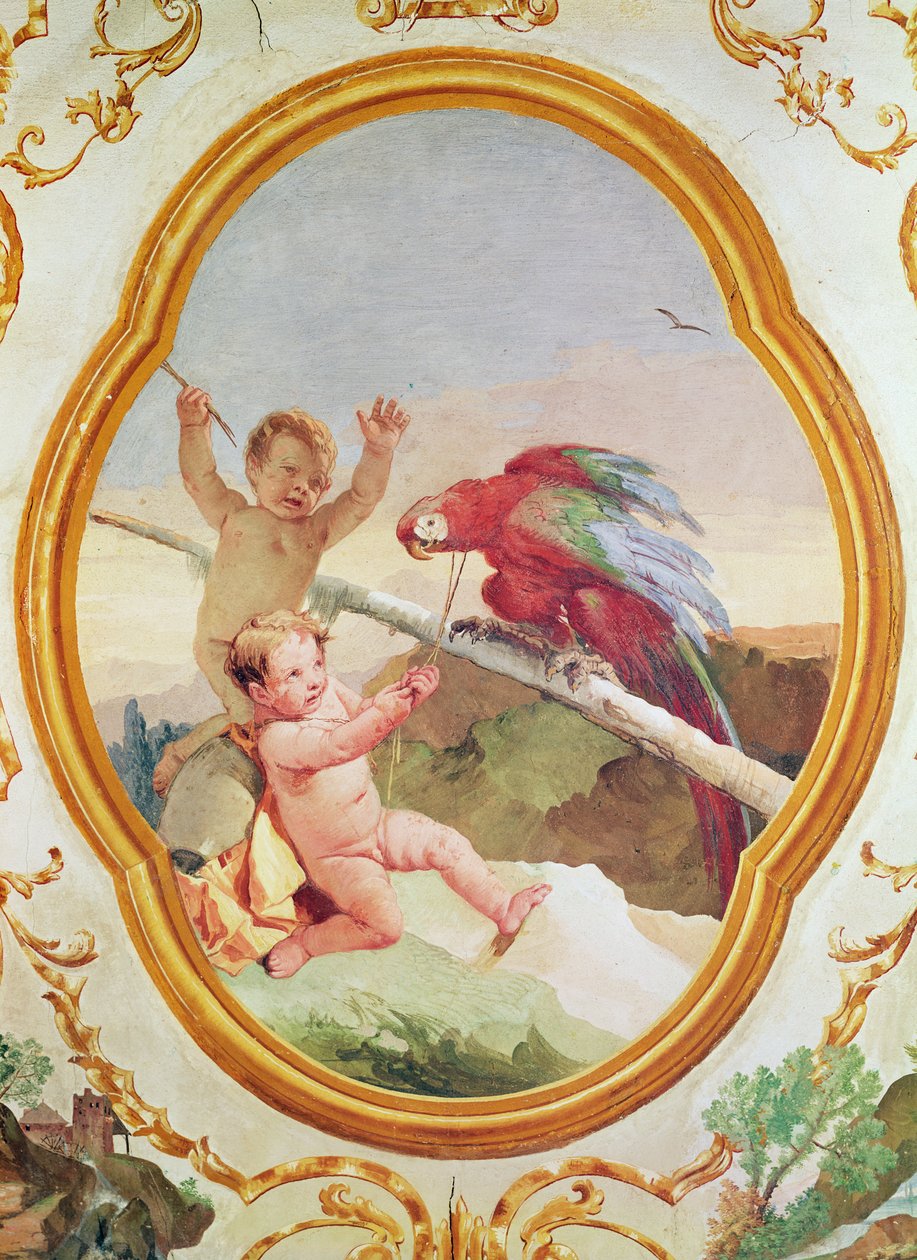 オウムと遊ぶ2つのputti 作： ジョバンニ・バティスタ・ティエポロ