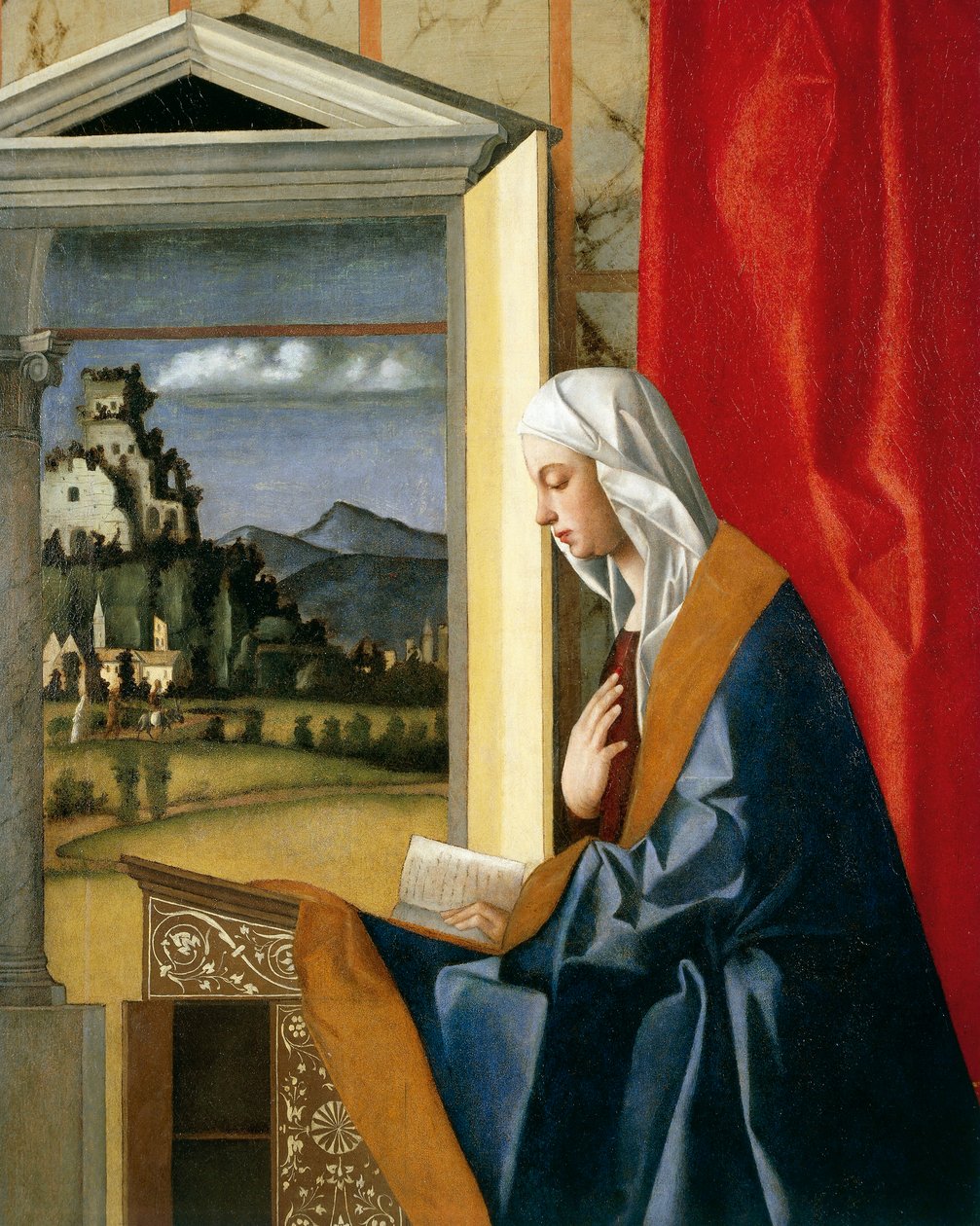 The Annunciation diptych、c.1500（1998年以降の復元）のVirgin of Annunciation 作： ジョバンニ・ベリーニ