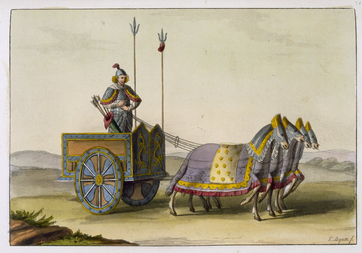 ジュールズフェラリオによる「ルコスチュームアンシャンエモデルヌ」の古代中国の戦争の戦車、1820年代から30年代に出版 作： ジョバンニ・ビガッティ