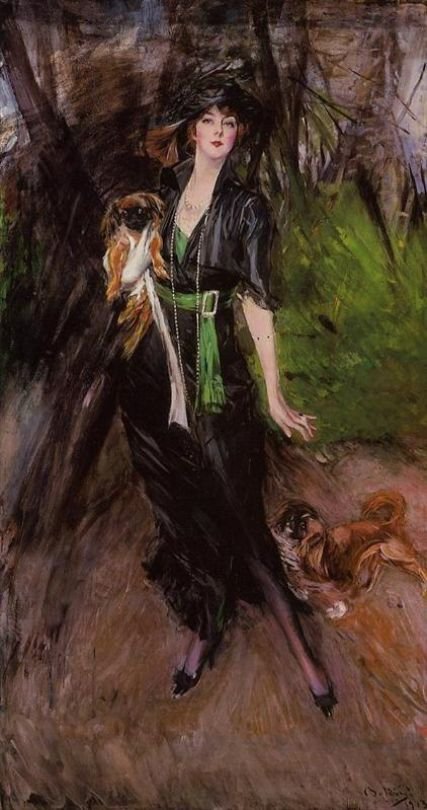 2つのPekinesenDututを持つレディリナビリチスの肖像画：Portrat der Lady Lina Bilitis mit zwei PekingesennPolish：2つの北京飲料を持つレディリナビリチスのポートレート 作： ジョバンニ・ボルディーニ