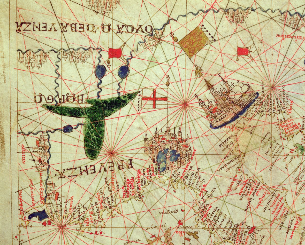1520年の航海地図からのプロヴァンスと北イタリア（ベラムのインク） 作： ジョバンニゼノドクスダコルフ