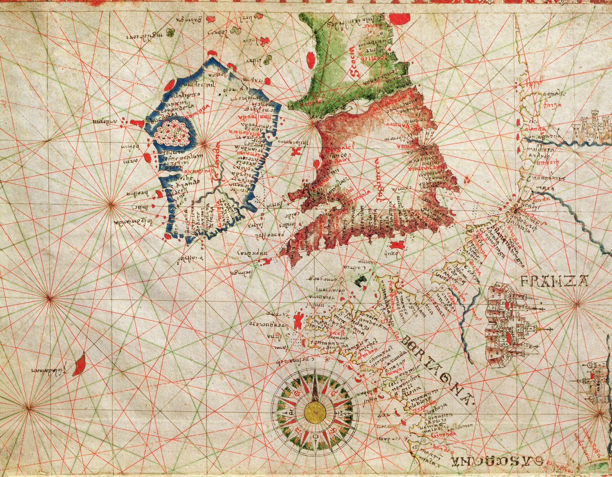 1520年の航海地図からのフランス海岸、イングランド、スコットランド、アイルランド（ベラムのインク）（330910からの詳細） 作： ジョバンニゼノドクスダコルフ