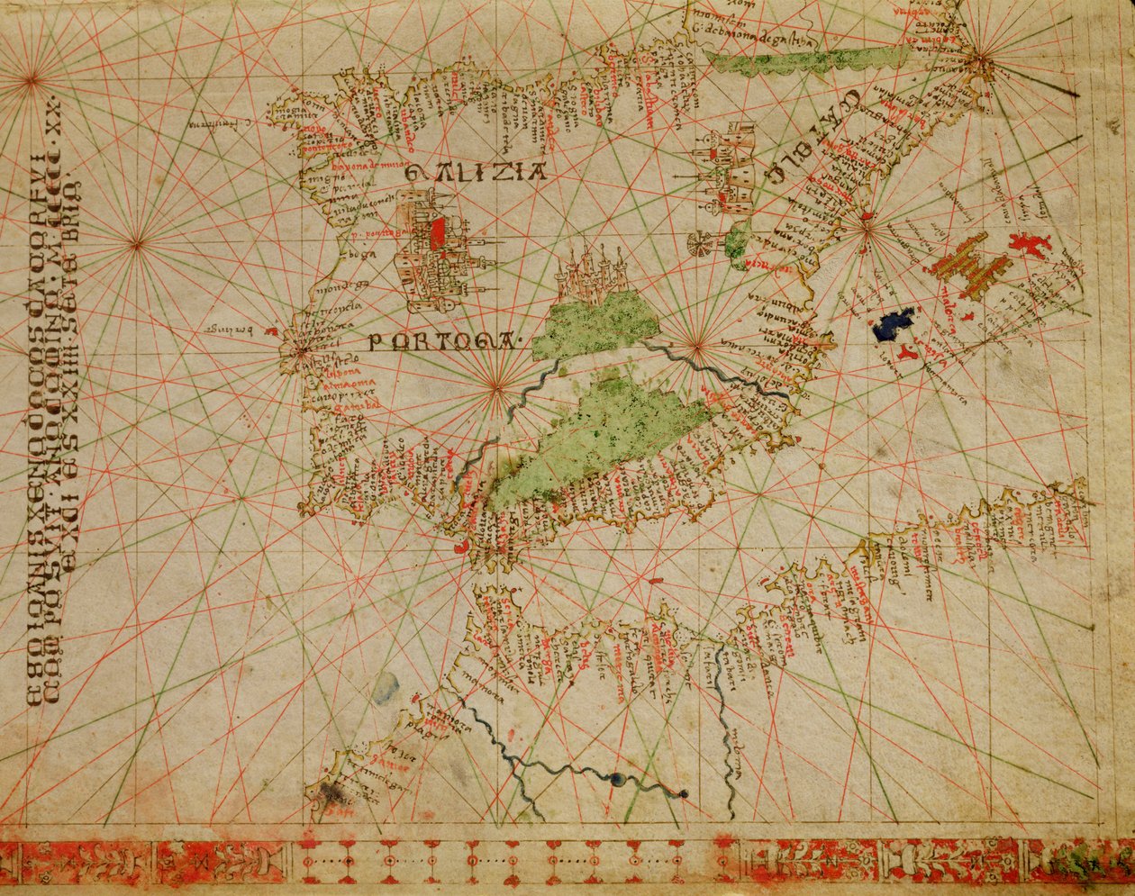 イベリア半島とアフリカの北海岸、1520年の海図（ベラムのインク）（330910からの詳細） 作： ジョバンニゼノドクスダコルフ