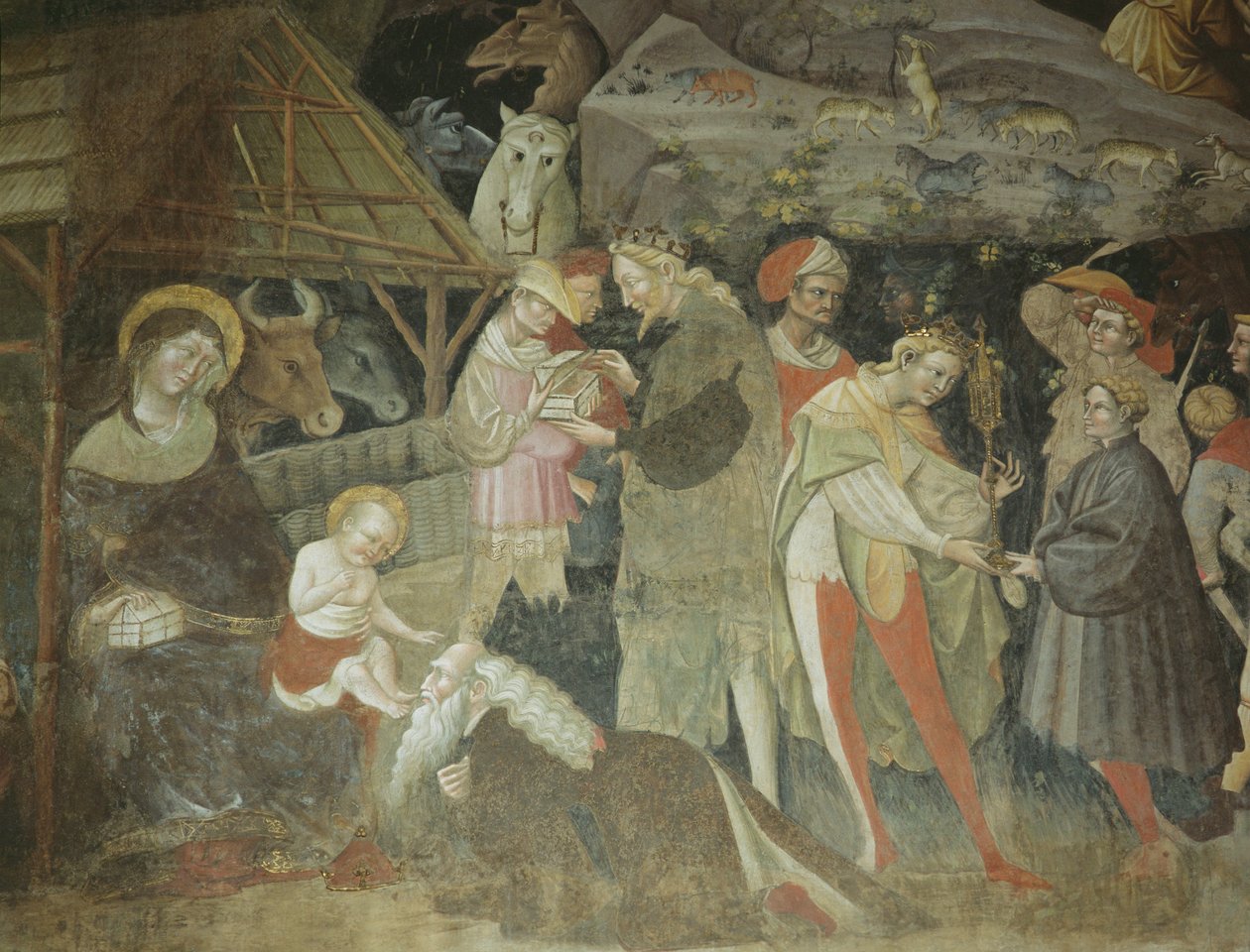 マギサイクルの旅、ボローニニ礼拝堂、1420年頃のフレスコ画のキリスト降誕のシーン 作： ジョヴァンニ・ダ・モデナ