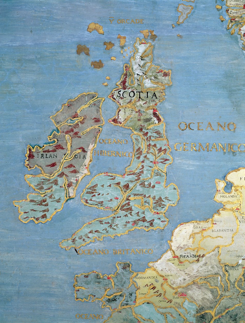 「サラデルマッパモンド」（世界地図のホール）からの16世紀イギリスおよび北フランスの地図c.1574-75（詳細の95818） 作： ジョヴァンニ・デ・ヴェッキ