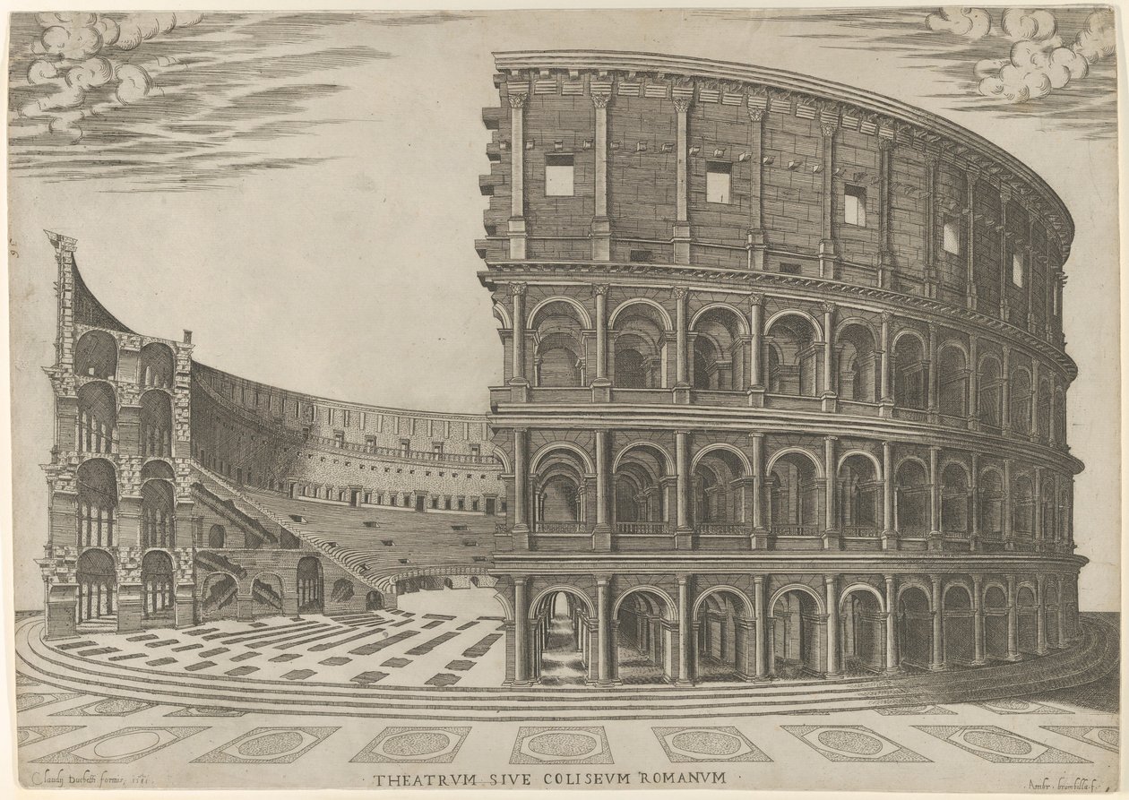 ローマのコロッセオの断面図と立面図、1581 年。 作： ジョバンニアンブロージョブランビラ