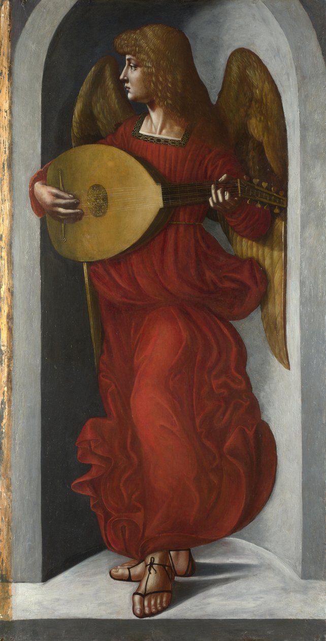 リュートの赤い天使c。 1490〜1499 作： ジョヴァンニ・アンブロジオ・デ・プレディス