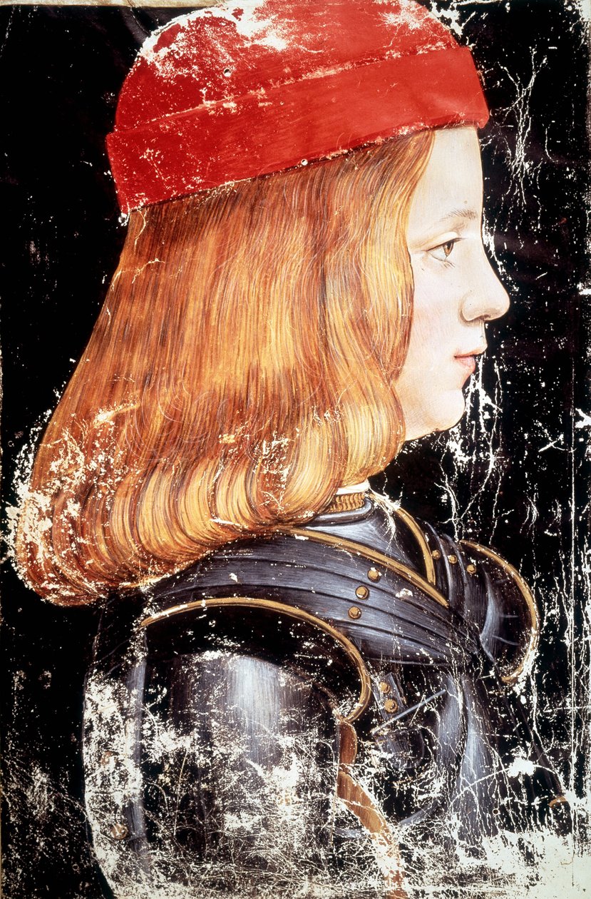 マクシミリアン・スフォルツァ（1490年〜1530年）の肖像。ジョヴァンニ・アンブロジオ・デ・プレディス（1455年頃～1508年頃）のミニチュア。 作： ジョヴァンニ・アンブロジオ・デ・プレディス
