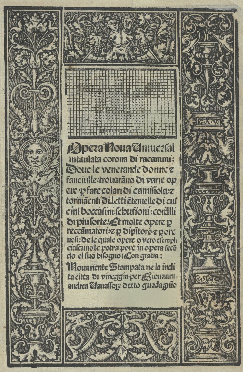 Opera Nova Universali というタイトルの Corona di racammi、タイトル ページの直訳、[1530]。 作： ジョバンニアンドレアヴァヴァッソーレ