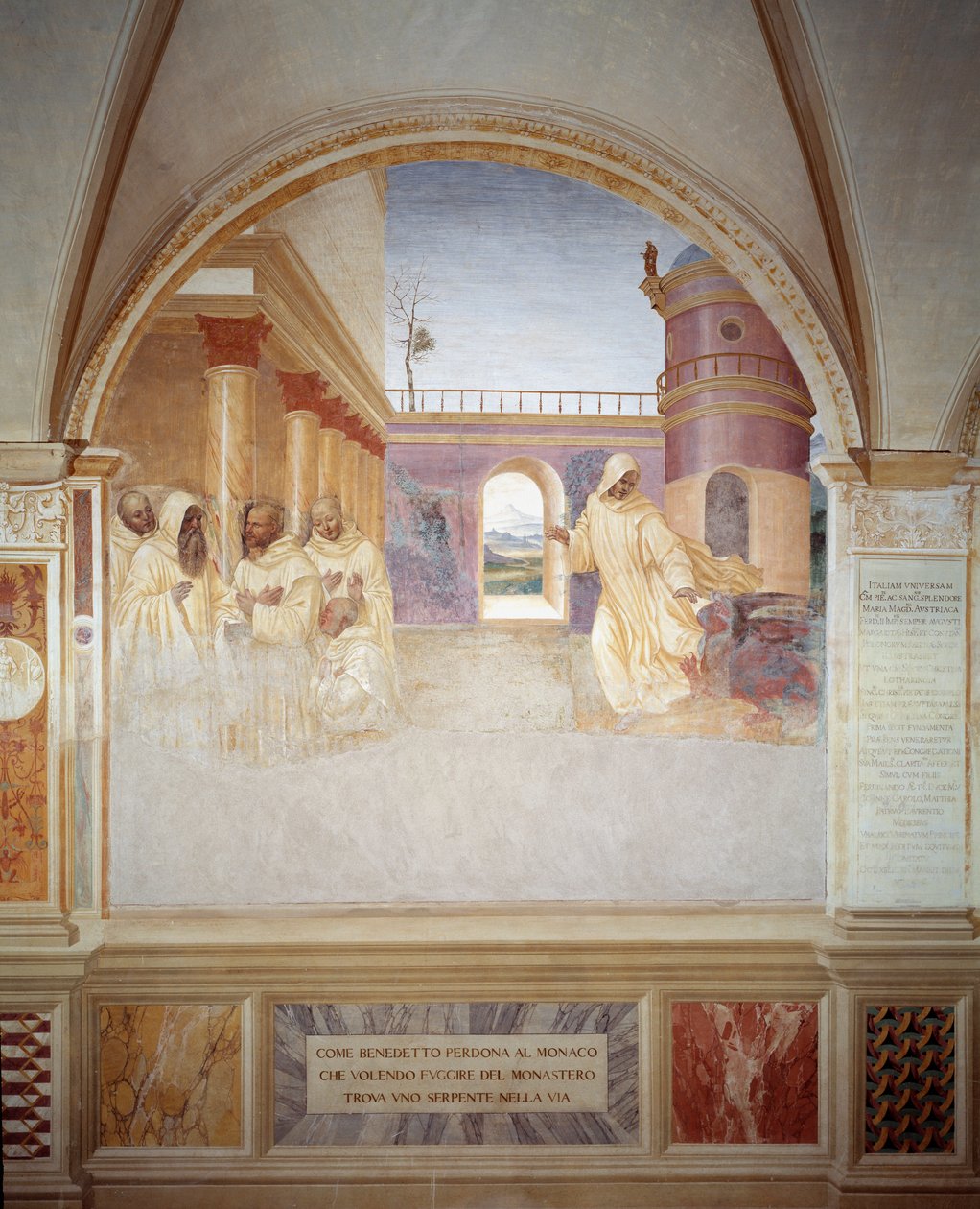 Benedict forgives the monk who, trying to escape the monastery, found a snake on his way (Benedict forgives the monk who, trying to escape the monastery, found a snake on his way) Antonio Bazzi dit il Sodoma (1477 - 1549) recursion による回廊のフレスコ画。 作： ジョヴァンニ・アントニオ・バジ・ソドマ