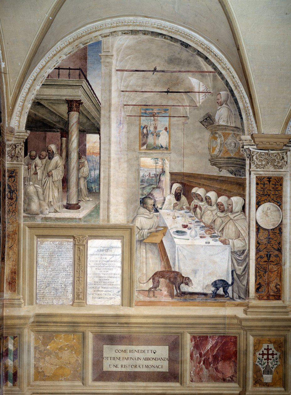 ベネディクトは豊富な小麦粉を手に入れ、修道士たちを養っている アントニオ・バッツィ・ディット・イル・ソドマ（1477 - 1549）が制作した回廊のフレスコ画で、ベネディクト会の創設者である聖ベネディクト・オブ・ヌルシー（480 - 567）の生涯が描かれている 1503 - 1508年 モンテ・オリヴェート修道院 作： ジョヴァンニ・アントニオ・バジ・ソドマ