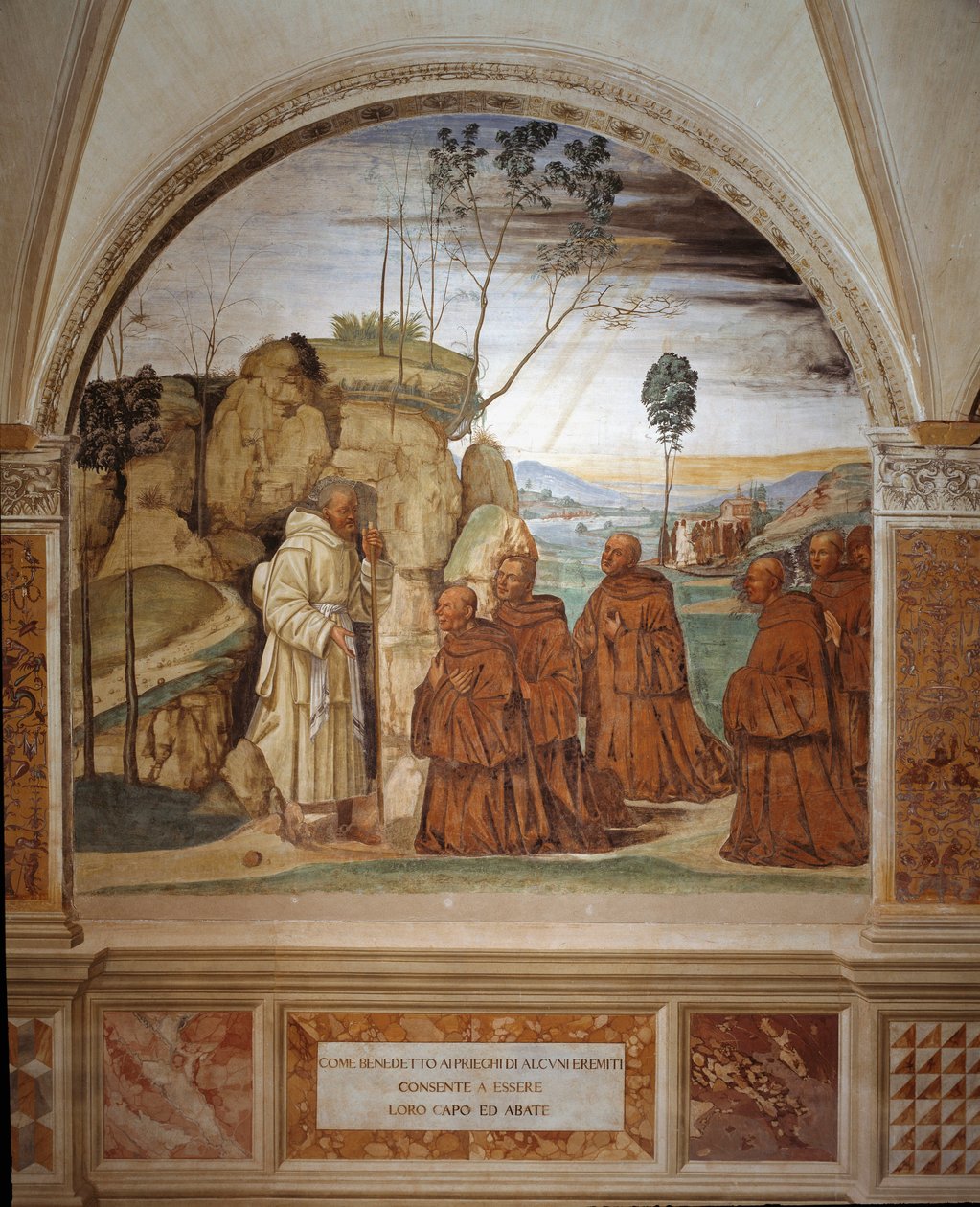 Wie Benedikt auf das Gebet der Einsiedler antwortet und zustimmt, ihr Anführer zu sein, Fresko des Kreuzgangs von Antonio Bazzi genannt il Sodoma (1477 - 1549), das das Leben von St. Benedikt von Nursia (480 - 567) erzählt, Gründer des Benediktinerordens 1 von Giovanni Antonio Bazzi Sodoma