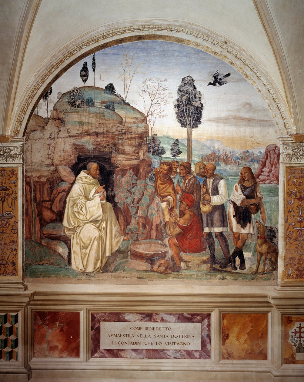 How Benedict teaches the holy doctrine to the peasants who visits him (聖ベネディクトは彼を訪れた農民に聖なる教義を教える) Antonio Bazzi dit il Sodoma (1477 - 1549) が作った回廊のフレスコ画で、ナースの聖ベネディクトの生涯を語る。 作： ジョヴァンニ・アントニオ・バジ・ソドマ