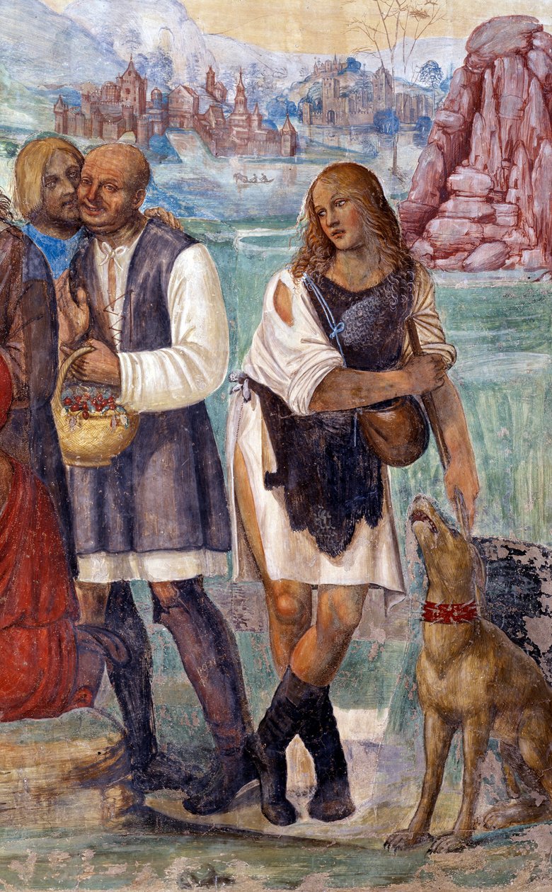Wie Benedikt die heilige Lehre den Bauern lehrt, die ihn besuchen (Detail) Fresko des Kreuzgangs, realisiert von Antonio Bazzi genannt il Sodoma (1477 - 1549), das das Leben von Benedikt von Nursia (480 - 567) Gründer des Benediktinerordens erzählt von Giovanni Antonio Bazzi Sodoma