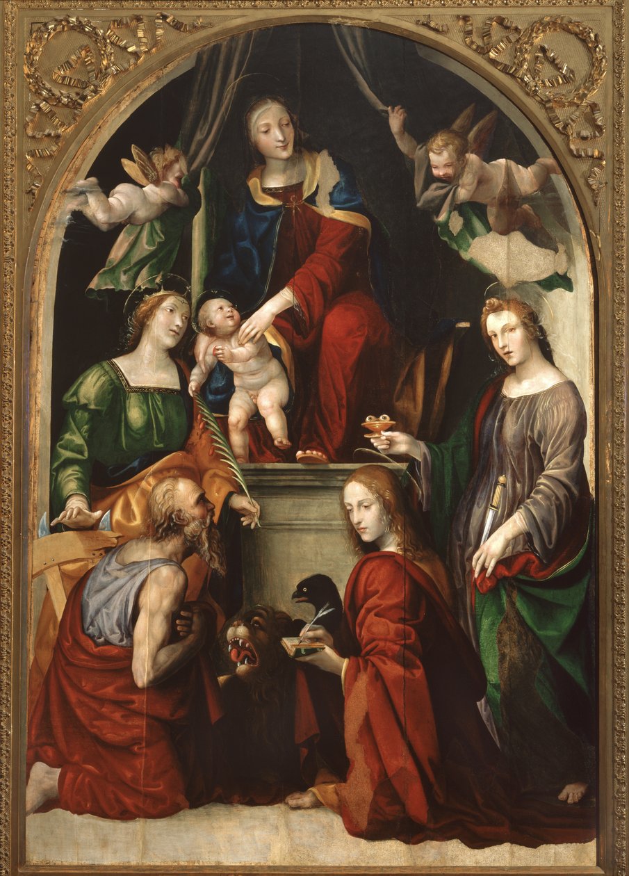 聖人の間のマドンナと子供と天使ジェローム、アレクサンドリアのキャサリン、ルーシーと伝道者のジョン、1513年 作： ジョヴァンニ・アントニオ・バジ・ソドマ