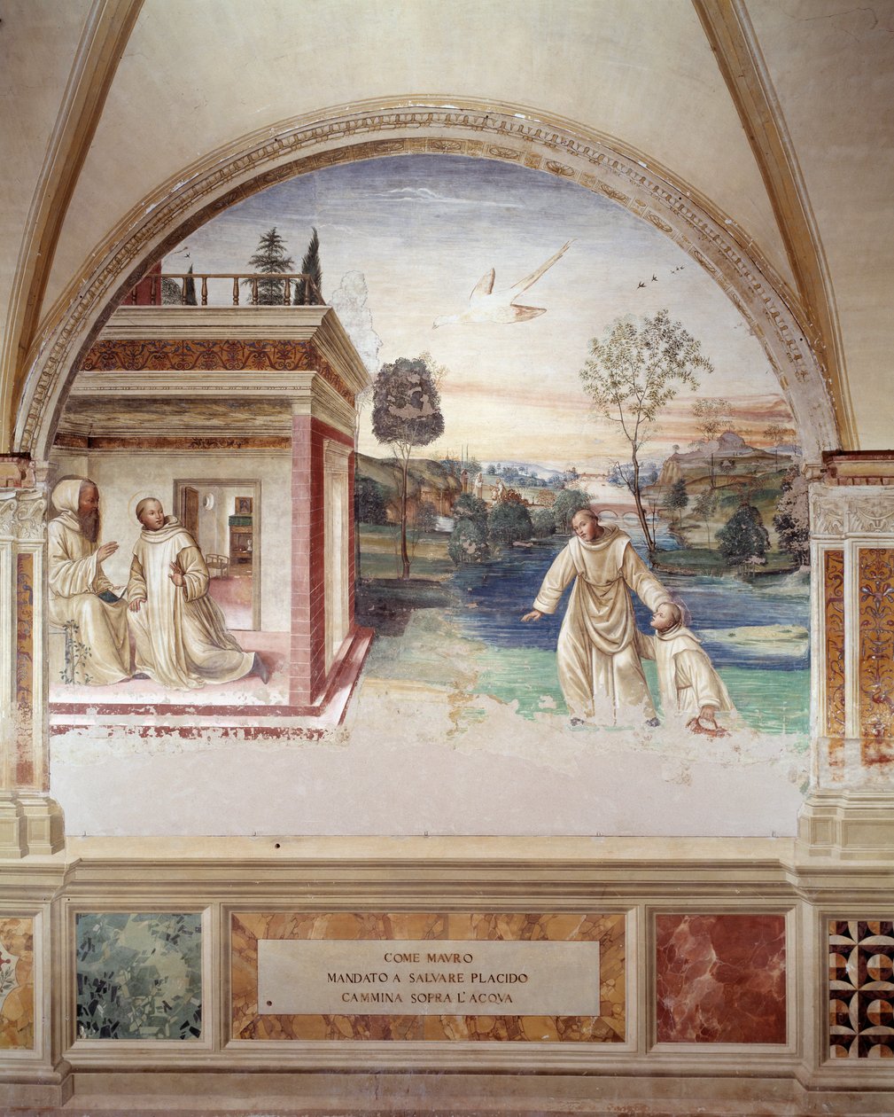 St Maur walks on water to rescue st Placid (St Maurus walks on water to rescue st Placid) Antonio Bazzi dit il Sodoma (1477 - 1549) が制作した回廊のフレスコ画で、ベネディクト会の創設者である聖ベネディクト・オブ・ヌルシー (480 - 567) の生涯が描かれている。 作： ジョヴァンニ・アントニオ・バジ・ソドマ