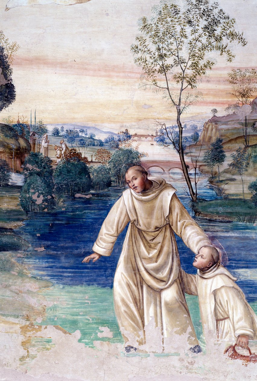Maur geht auf dem Wasser, um den heiligen Placidus zu retten (Detail). Kreuzgangfresko von Antonio Bazzi, genannt Il Sodoma (1477 - 1549), das das Leben des Heiligen Benedikt von Nursia (480 - 567), Gründer des Benediktinerordens, erzählt. 1503 - 1508, Abt von Giovanni Antonio Bazzi Sodoma