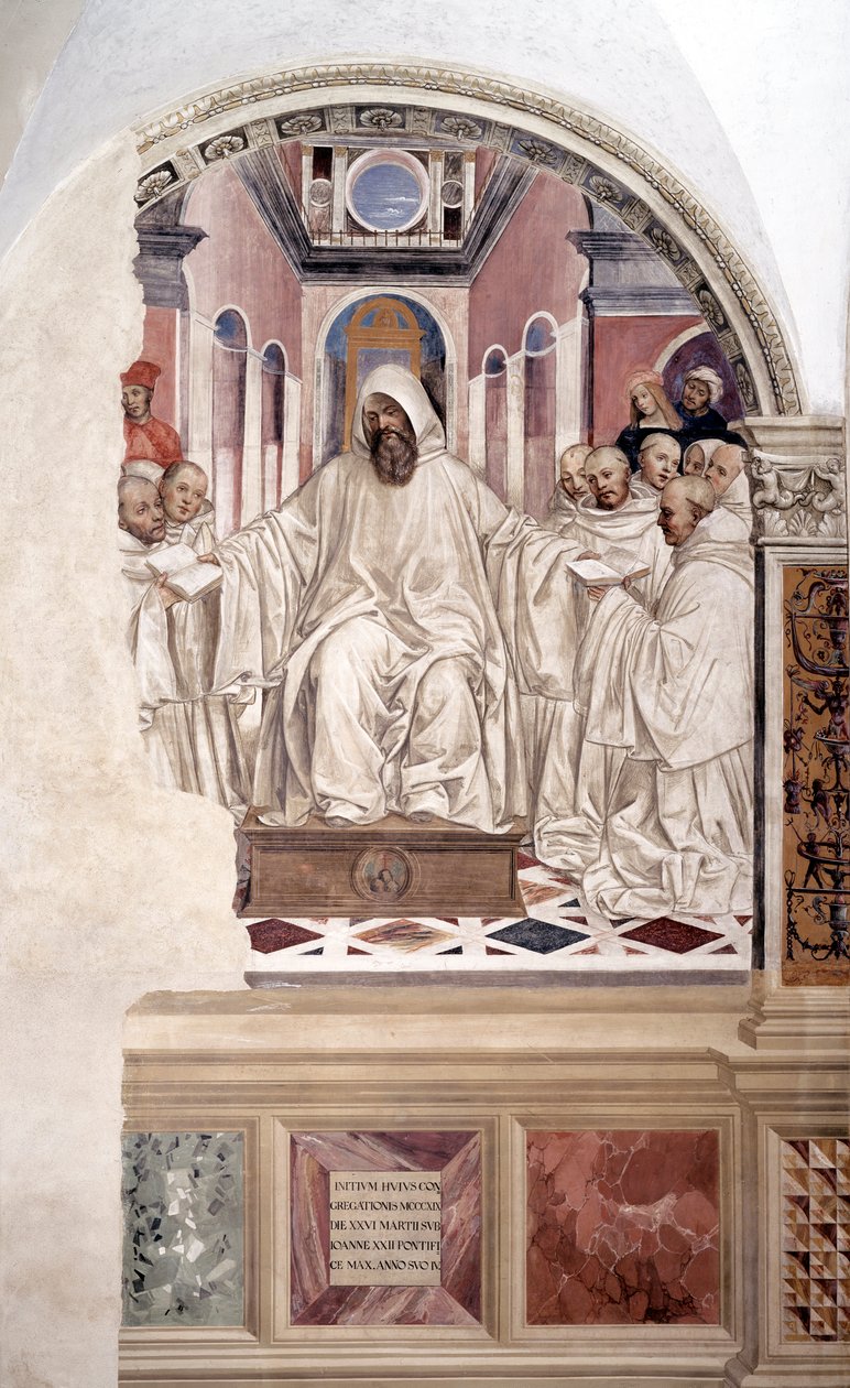 聖ベネディクトが修道士に規則を与える（Benedict gives the rule to the monks）アントニオ・バッツィ・ディット・イル・ソドマ（1477 - 1549）が作った回廊のフレスコ画で、聖ベネディクト・オブ・ヌルシー（480 - 567）の生涯を描いたもの 1503年 作： ジョヴァンニ・アントニオ・バジ・ソドマ