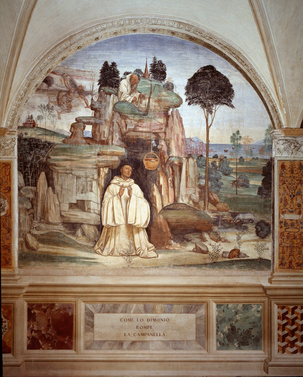 Der Dämon zerbricht die Glocke - Fresko des Kreuzgangs von Antonio Bazzi genannt il Sodoma (1477 - 1549), das das Leben von St. Benedikt von Nursia (480 - 567) erzählt, Gründer des Benediktinerordens 1503 - 1508, Abtei von Monte Oliveto Maggiore von Giovanni Antonio Bazzi Sodoma