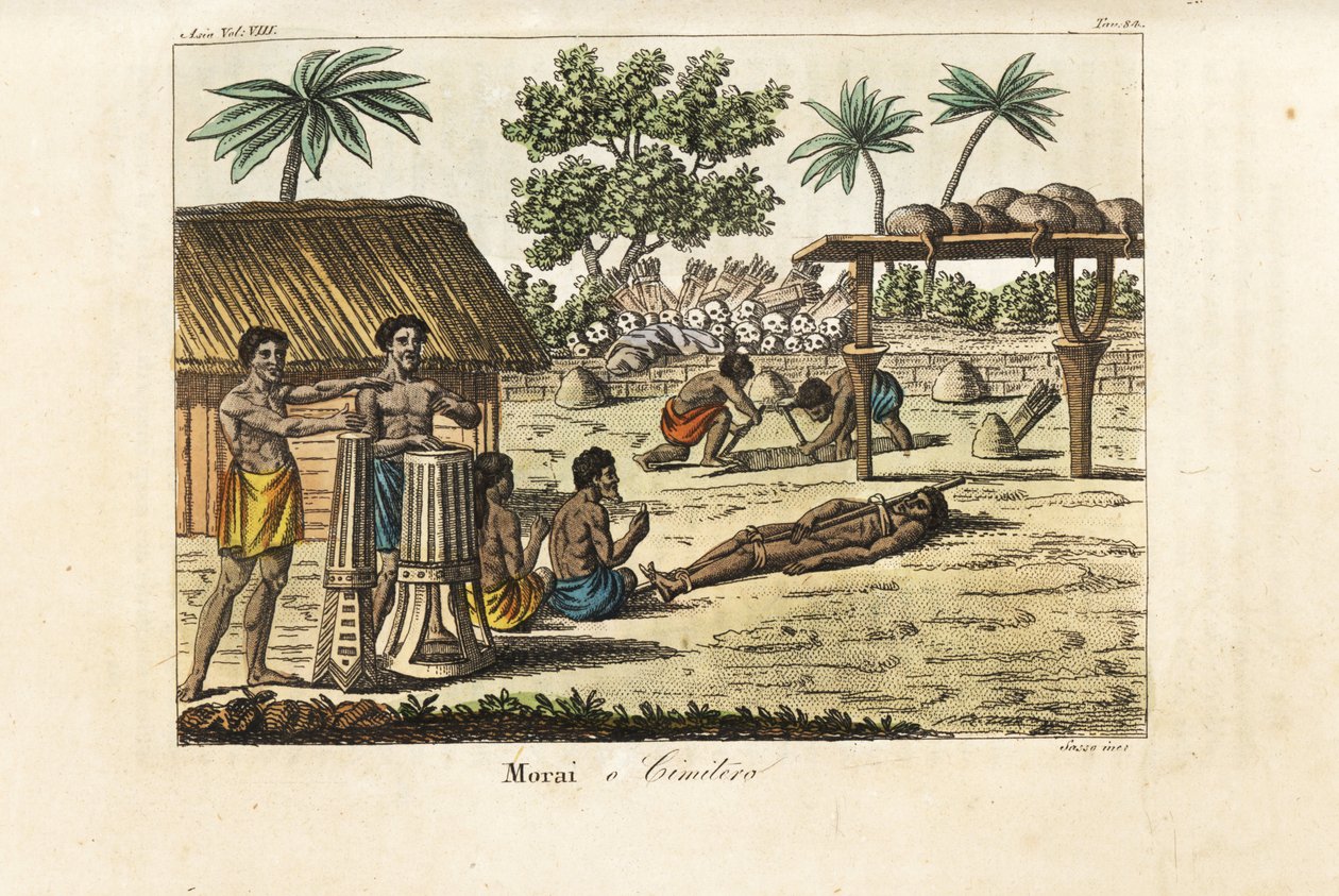Ihmisuhri pyhällä maraeella (Morai) tai hautausmaalla Tahitilla. Rummut vasemmalla, sikasidottu uhri ja kaksi haudankaivaajaa kaivamassa hautaa ennen kasaa ihmisten pääkalloja ja nuolien värisiä. Käsinvärinen kuparilevy, jonka Sasso kaivertanut John Webber 作： ジョヴァンニ・アントニオ・サッソ