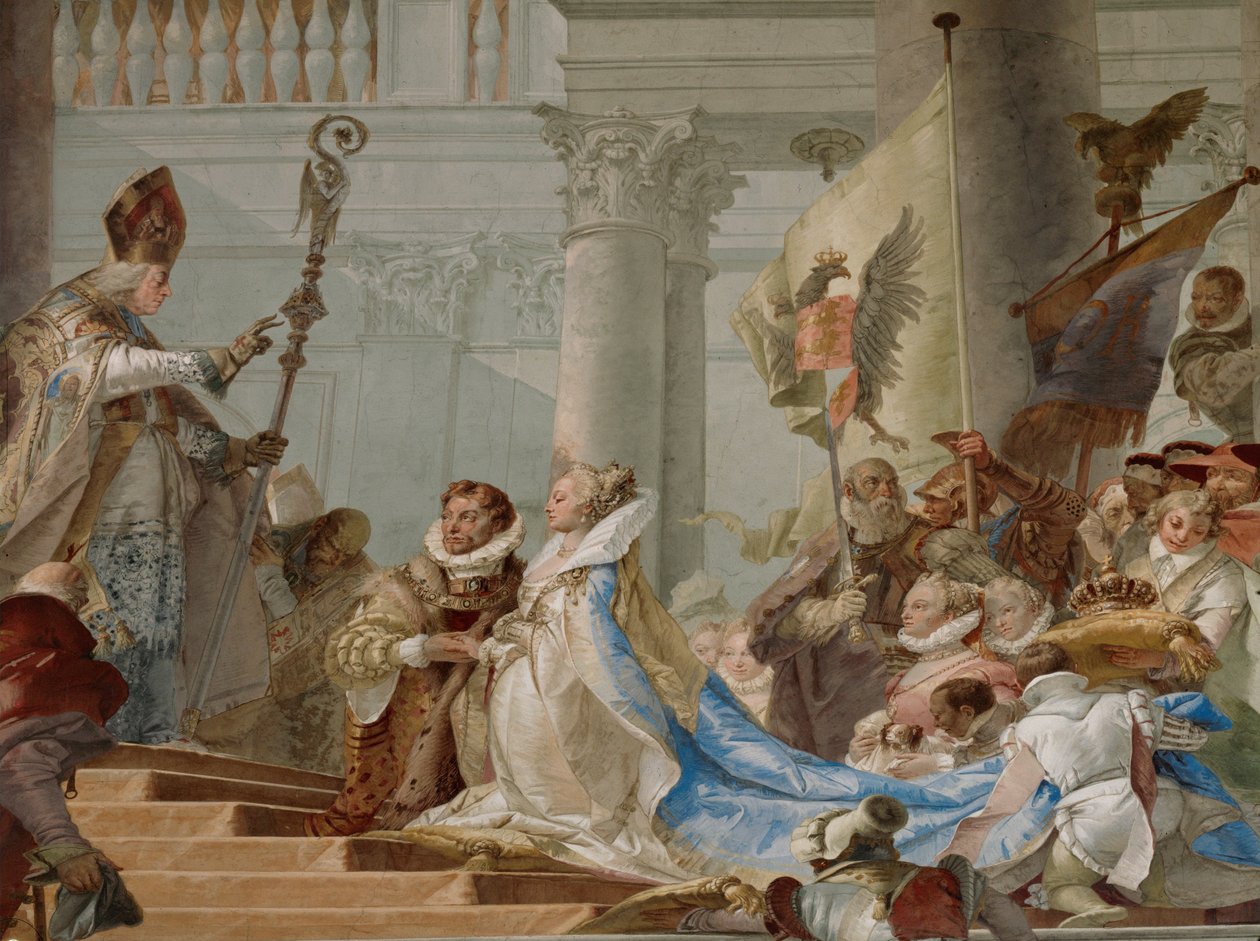 1156年、皇帝フリードリヒ・バルバロッサとブルゴーニュ公ベアトリクスの結婚式（フレスコ画）。 作： ジョヴァンニ・バティスタ (1696-1770) ティエポロ
