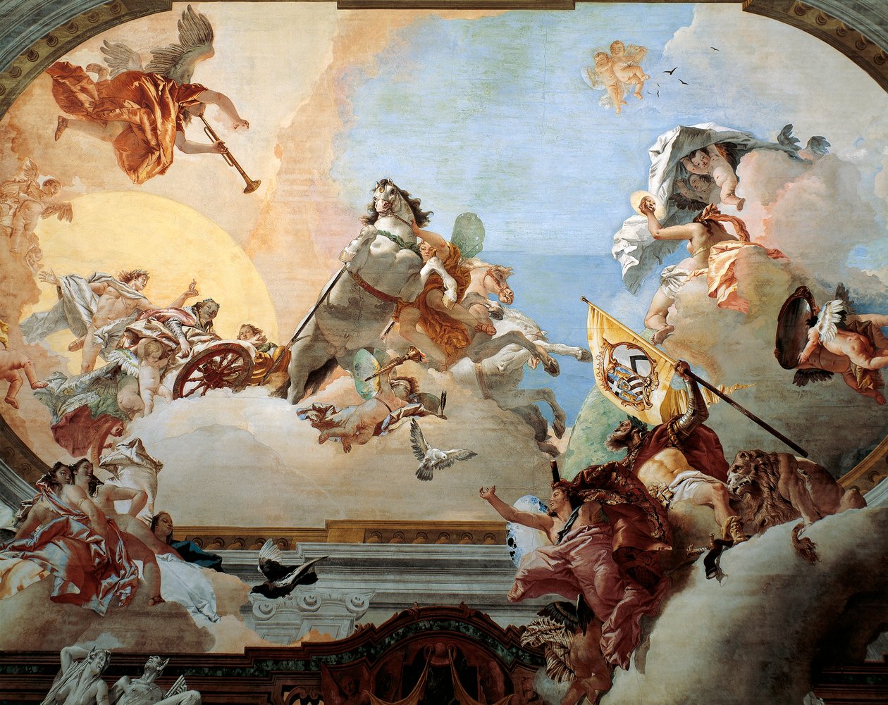 1758年、ロドヴィコ・レッツォーニコとヴェネツィアの貴族ファウスティーナ・サヴォルグナンの結婚のために作られた寓意画、ジャンバッティスタ・ティエポロ（1696-1770）作、フレスコ画、カ・レッツォーニコ宮殿、ヴェネツィア、イタリア 作： ジョバンニ・バティスタ・ティエポロ
