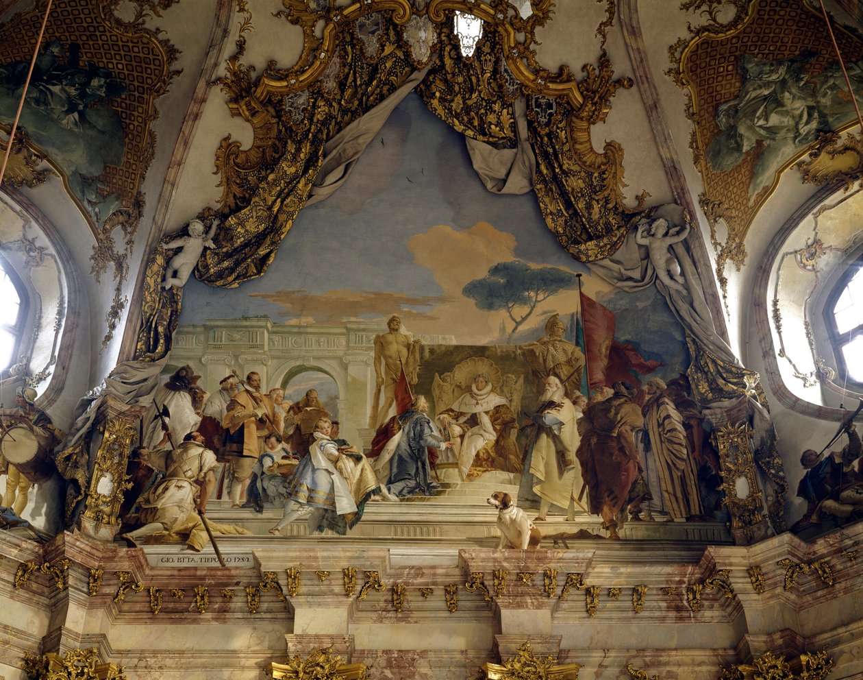 ホーエンシュタウフェン家のフレデリック1世（1122-1190） dit Frederic Barberousse（ドイツ王・ゲルマン皇帝）によるイヴク・アロルドの叙任式 ジョヴァンニ・バッティスタ（ジャンバッティスタ）・ティエポロ（1696-1770）によるフレスコ画。18世紀 ヴュルツブルク（Würzburg）の宮殿（ドイツ 作： ジョバンニ・バティスタ・ティエポロ