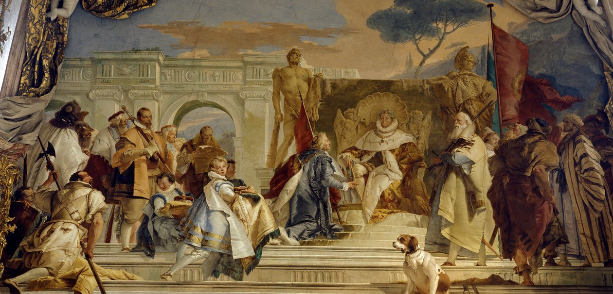 ホーエンシュタウフェン家のフレデリック1世（1122-1190） dit Frederic Barberousse（ドイツ王・ゲルマン皇帝）によるイヴク・アロルドの叙任式 ジョヴァンニ・バッティスタ（ジャンバッティスタ）・ティエポロ（1696-1770）によるフレスコ画。18世紀 ヴュルツブルク（Würzburg）の宮殿（ドイツ 作： ジョバンニ・バティスタ・ティエポロ