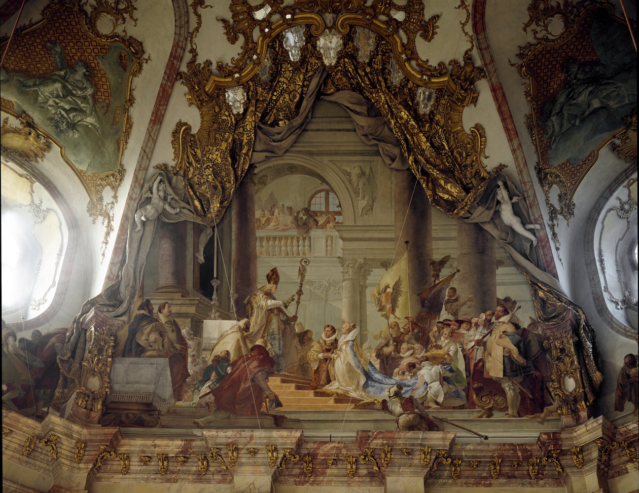 Die Hochzeit von Beatrice von Burgund und Friedrich I. von Hohenstaufen (1122-1190) bekannt als Friedrich Barbarossa, König von Deutschland und Kaiser des Heiligen Römischen Reiches im Jahr 1156 von Giovanni-Battista Tiepolo