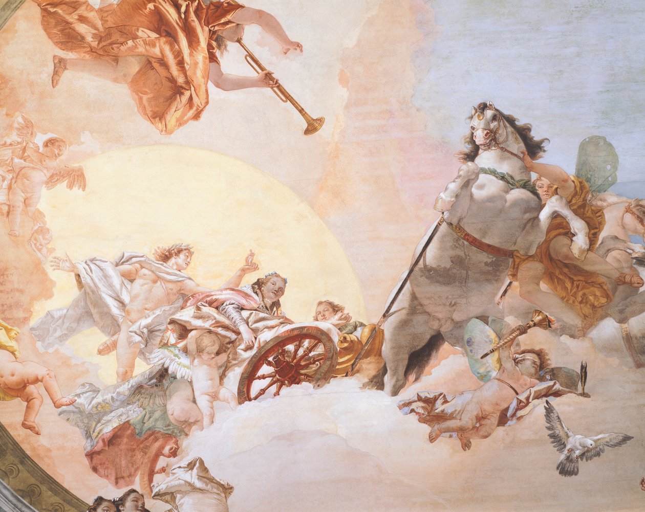 ジャンバッティスタ・ティエポロ（1696-1770）の《婚礼のアレゴリー》フレスコ画（詳細）、ヴェネツィア、カ・レッツォーニコ（レッツォーニコ宮殿）の《婚礼のアレゴリー》の間の天井画 作： ジョバンニ・バティスタ・ティエポロ