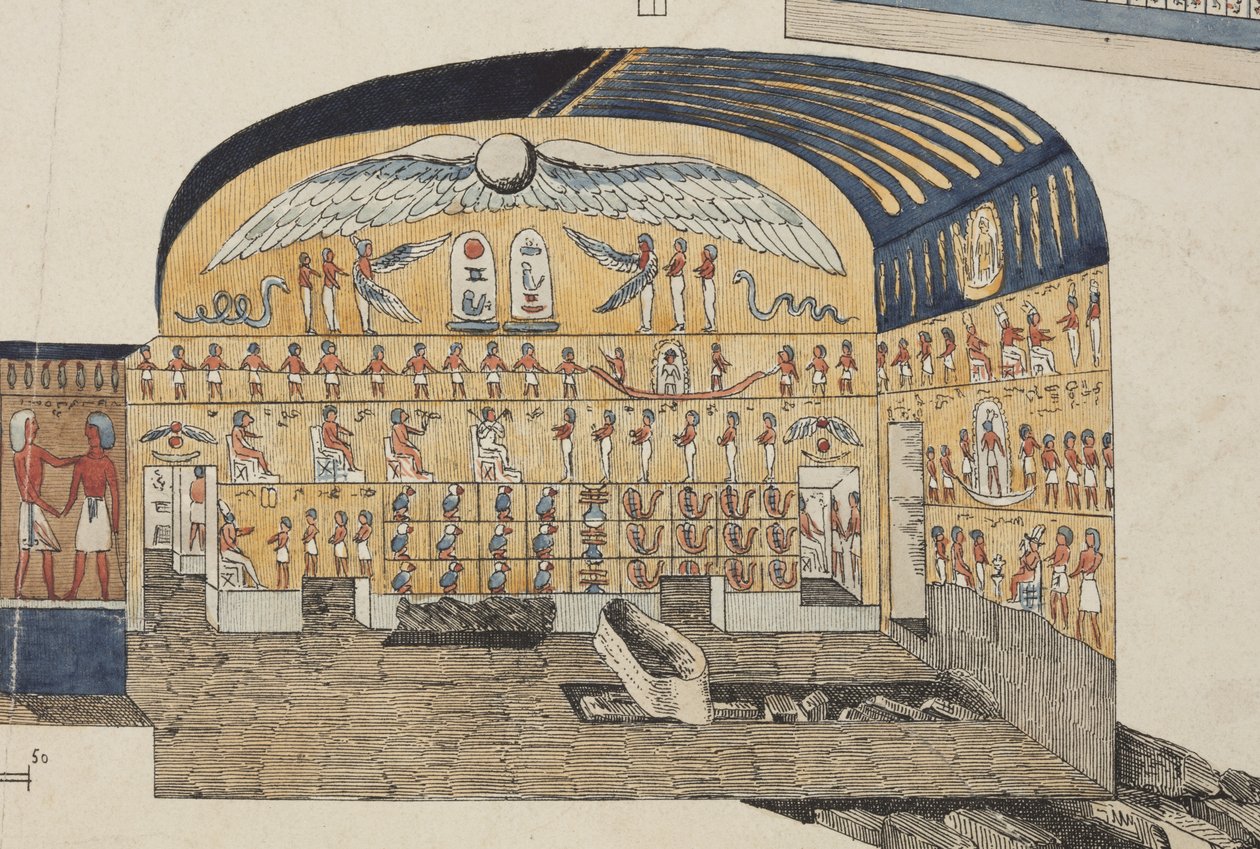1818年にベルゾーニが発見・開封したテーベのプサンムティスの墓の一部（手彩色リトグラフ 作： ジョバンニ・バッティスタ (後) Belzoni