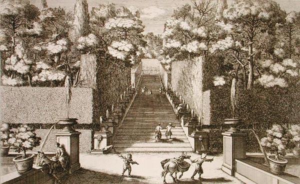 ジョヴァンニ・フランチェスコ・ヴェントゥリーニ（1650-1710）が1675-90年頃に出版した「Le Fontane」より、ティヴォリのヴィラ・デステの大階段。 作： ジョバンニ・バティスタ（後）ファルダ