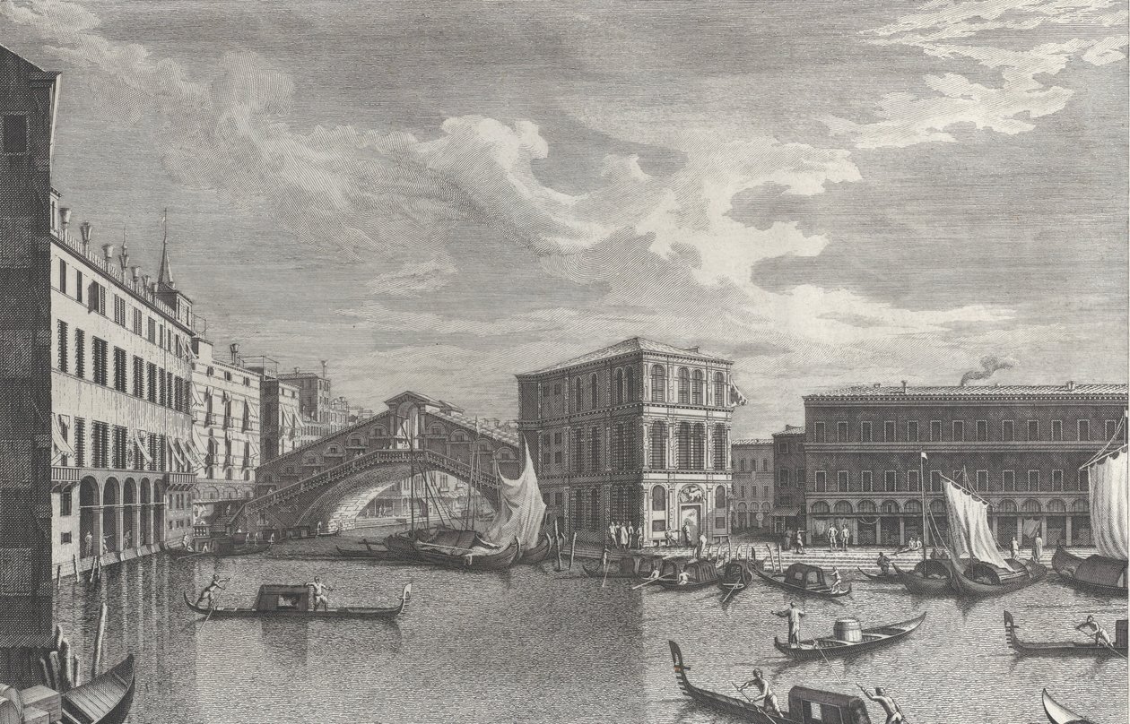 ヴェネツィアのリアルト橋、ボートとゴンドラが水中にある、1763年。 作： ジョバンニ・バティスタ・ブロストロニ