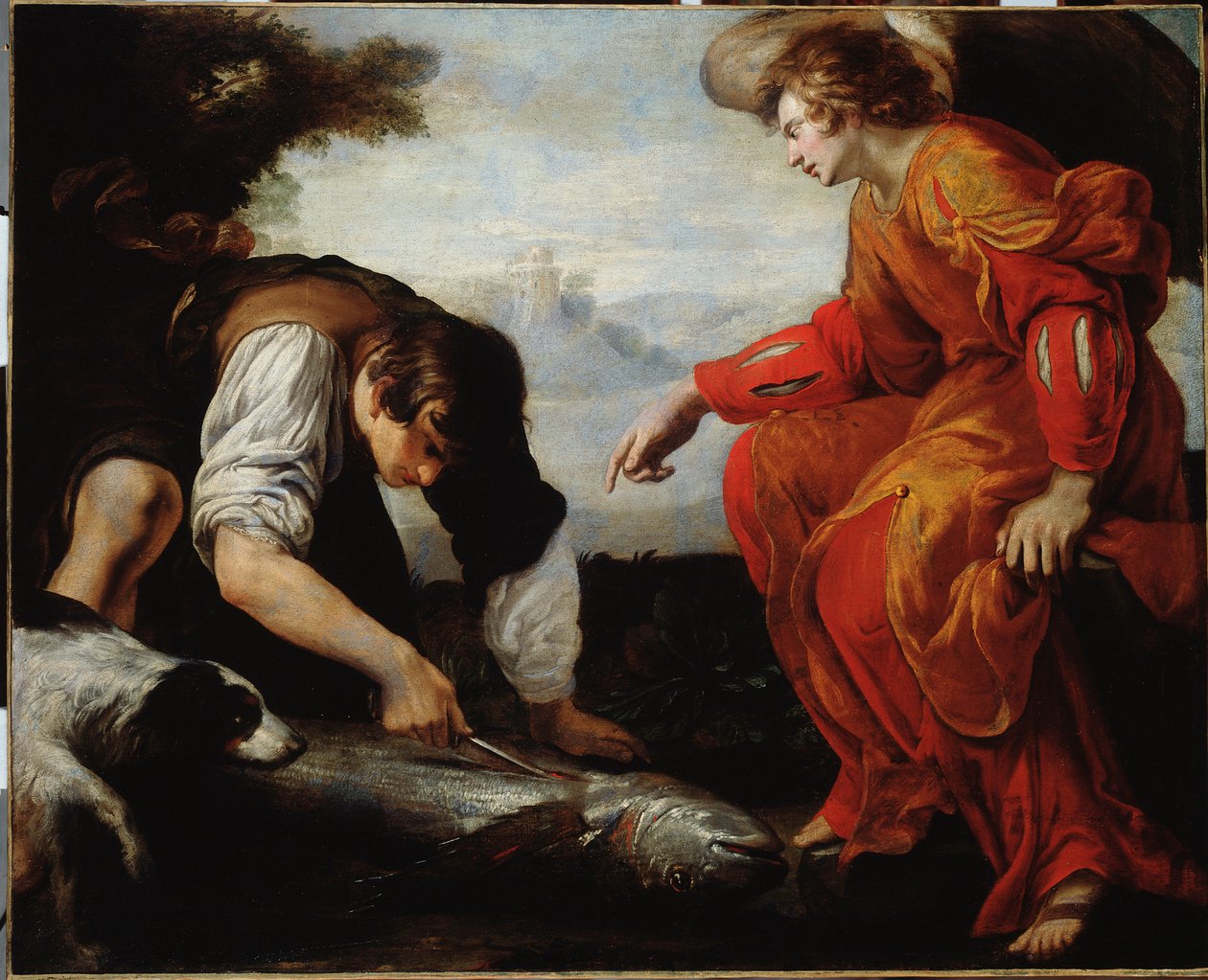 大天使ラファエルに出会うトビー」（Tobias Meets the Archangel Raphael）ジョヴァンニ・バッティスタ・カルローネ（1592-1677）画 17世紀 ジェネ、ストラーダ・ヌオーヴァ美術館（元パラッツォ・ビアンコ）所蔵 作： ジョバンニ・バティスタ・カルローネ