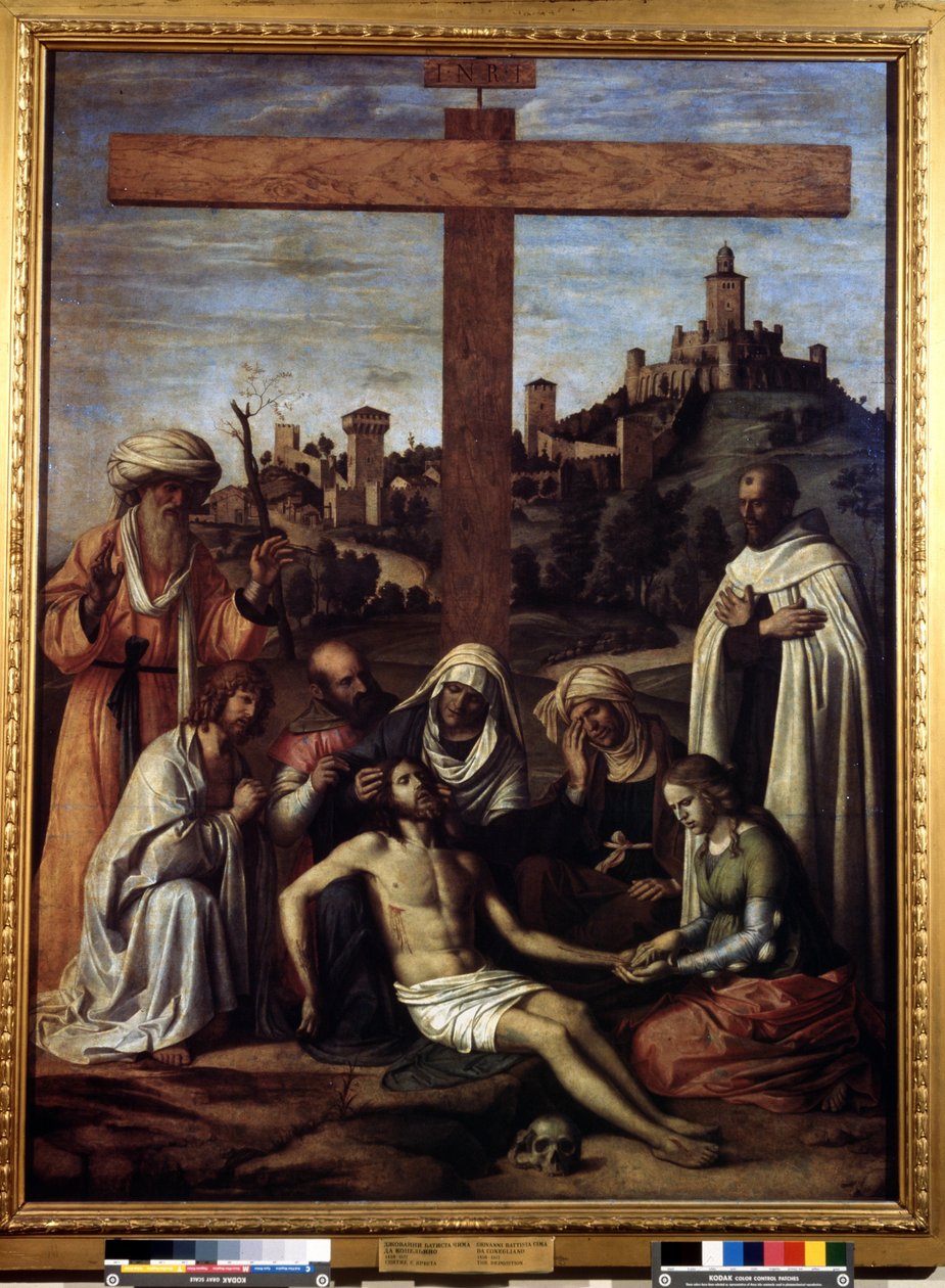 「寄託」 十字架に「印里」の文字。 Giovanni Battista Cima da Conegliano (1459-1517 年頃) による絵画 16 世紀 Dim. 199x148 cm プーシキン美術館、モスクワ 作： ジョヴァンニ・バッティスタ チーマ・ダ・コネリアーノ