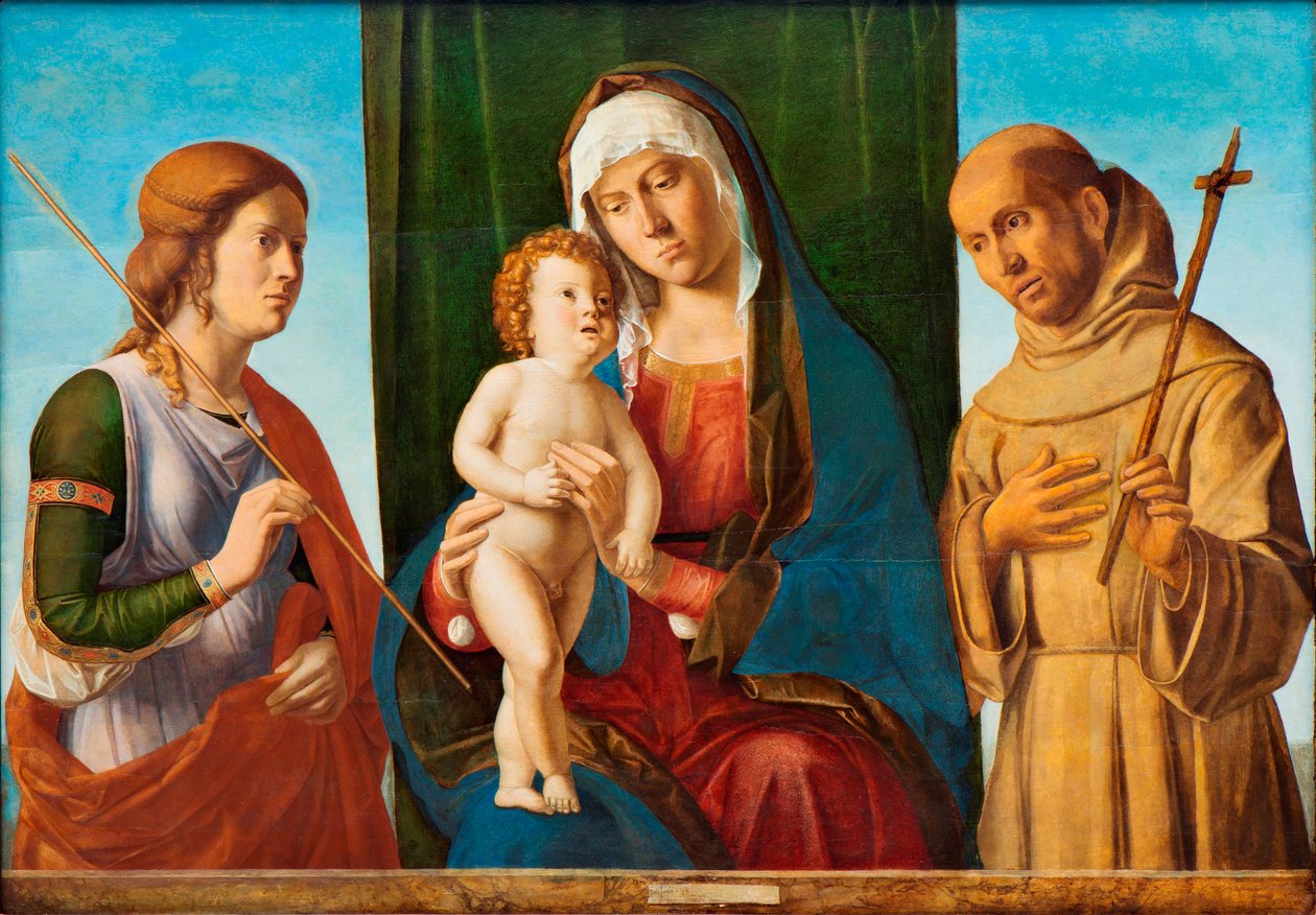 聖徒ウルスラとアッシジのフランシスコの間の聖母子。 1495。 作： ジョヴァンニ・バッティスタ チーマ・ダ・コネリアーノ