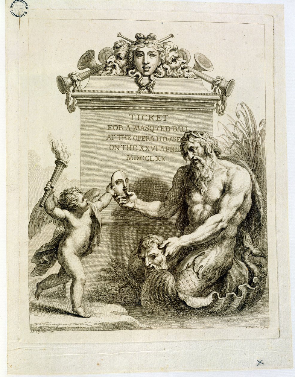 4月26日のオペラハウスでの仮面舞踏会のチケット。フランチェスコバルトロッツィ（1727-1815）、1770年に彫刻 作： ジョヴァンニ・バッティスタ・チプリアーニ