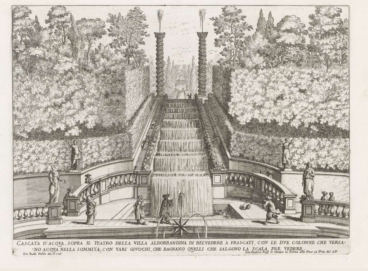 Cascade in de tuinen van de Villa Aldobrandini te Frascati Frascati の Villa Aldobrandina di Belvedere の劇場の上の滝 (...) (オブジェクトのタイトル) フラスカーティのヴィラの噴水 (シリーズ タイトル) フォンテイネン・ヴァン・フラスカーティ（シリーズタイトル） 作： ジョヴァンニ・バッティスタ・ファルダ