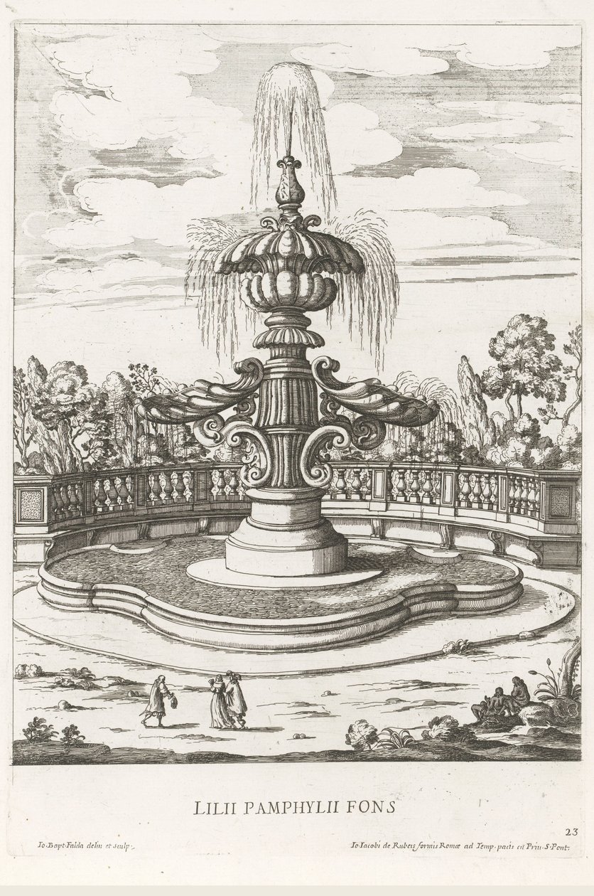 ローマのヴィラ ドーリア パンフィーリの庭園の噴水 Lilii Pamphylii fons (オブジェクトのタイトル) Le fontane ne palazzi e ne giardini di Roma (シリーズタイトル) ローマの宮殿と庭園の噴水 (シリーズ タイトル) 作： ジョヴァンニ・バッティスタ・ファルダ