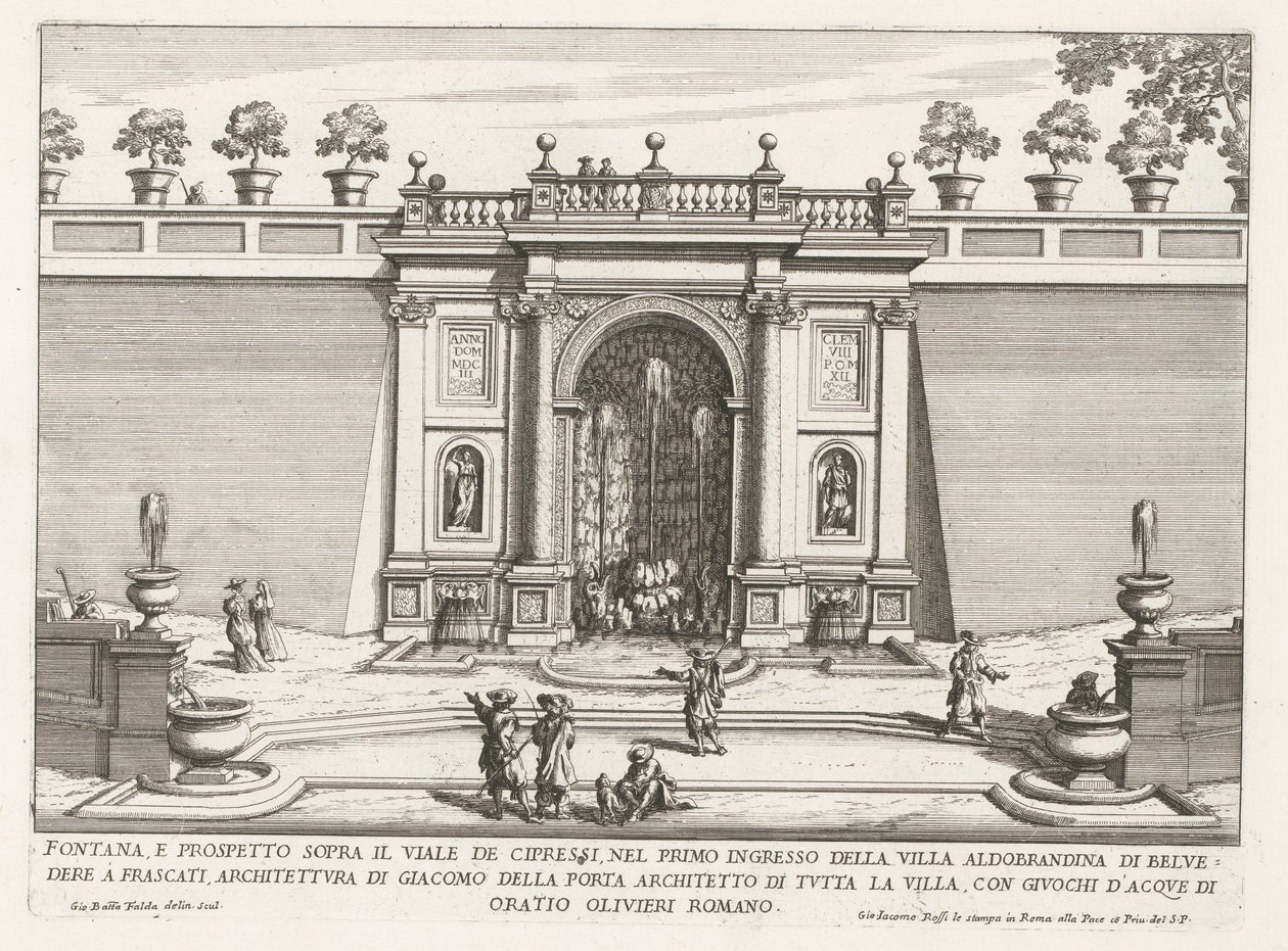 Fontein in de tuinen van de Villa Aldobrandini te Frascati 糸杉通りの上の噴水と立面図 (...) (オブジェクトのタイトル) フラスカーティのヴィラの噴水 (シリーズ タイトル) フォンテイネン・ヴァン・フラスカーティ（シリーズタイトル） 作： ジョヴァンニ・バッティスタ・ファルダ