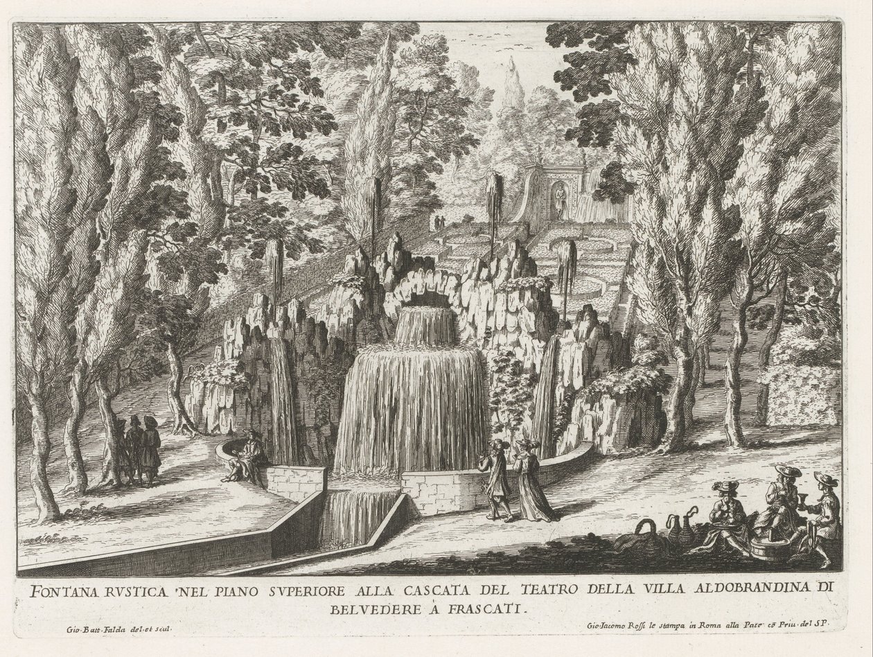 Fontein in de tuinen van de Villa Aldobrandini te Frascati 劇場の滝の上層階にある素朴な噴水 (...) (オブジェクトのタイトル) フラスカーティのヴィラの噴水 (シリーズ タイトル) フォンテイネン・ヴァン・フラスカーティ（シリーズタイトル） 作： ジョヴァンニ・バッティスタ・ファルダ
